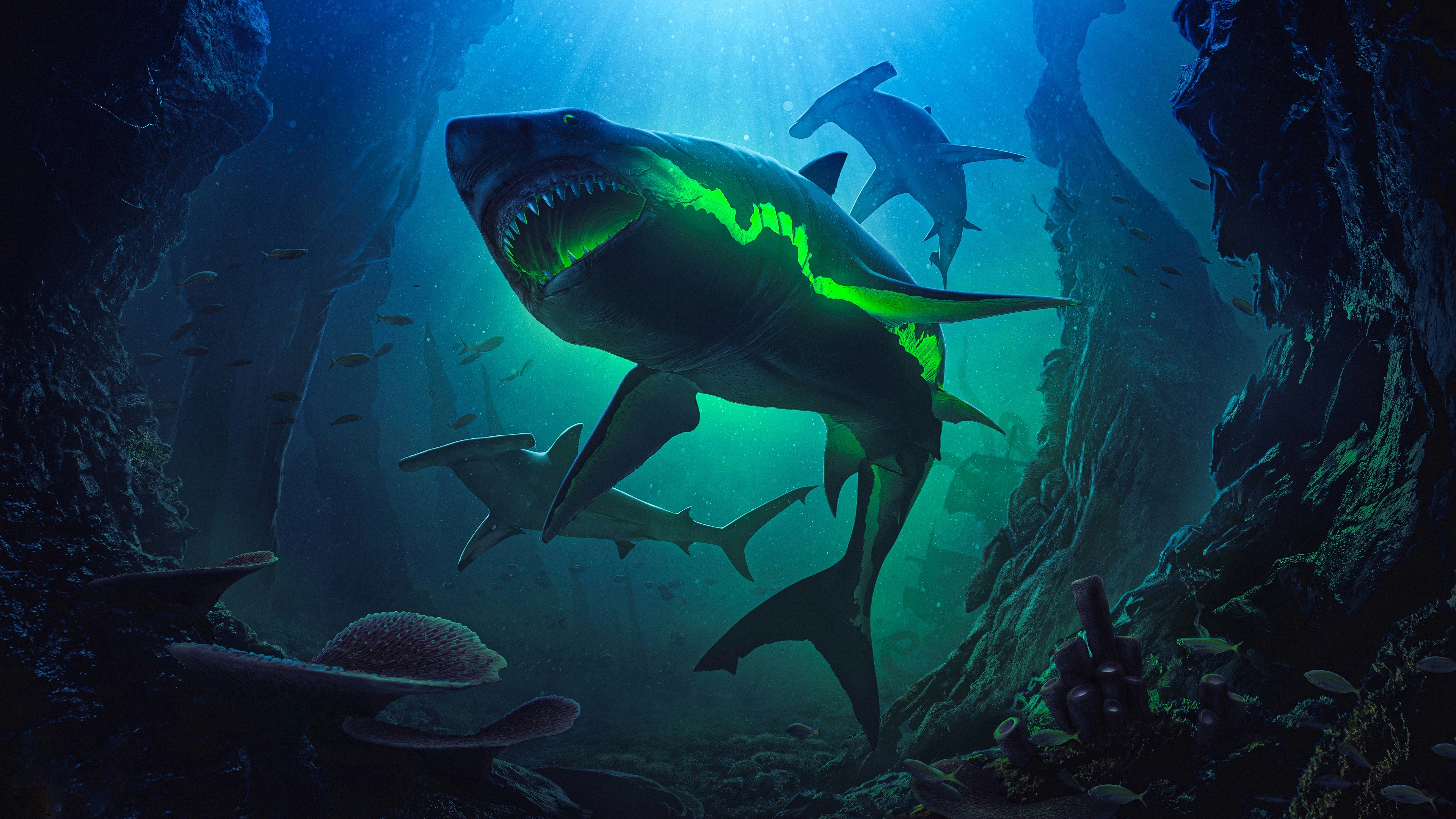 General 3840x2160 shark sea deep sea fish Benny Productions digital art underwater water animals coral glowing sun rays