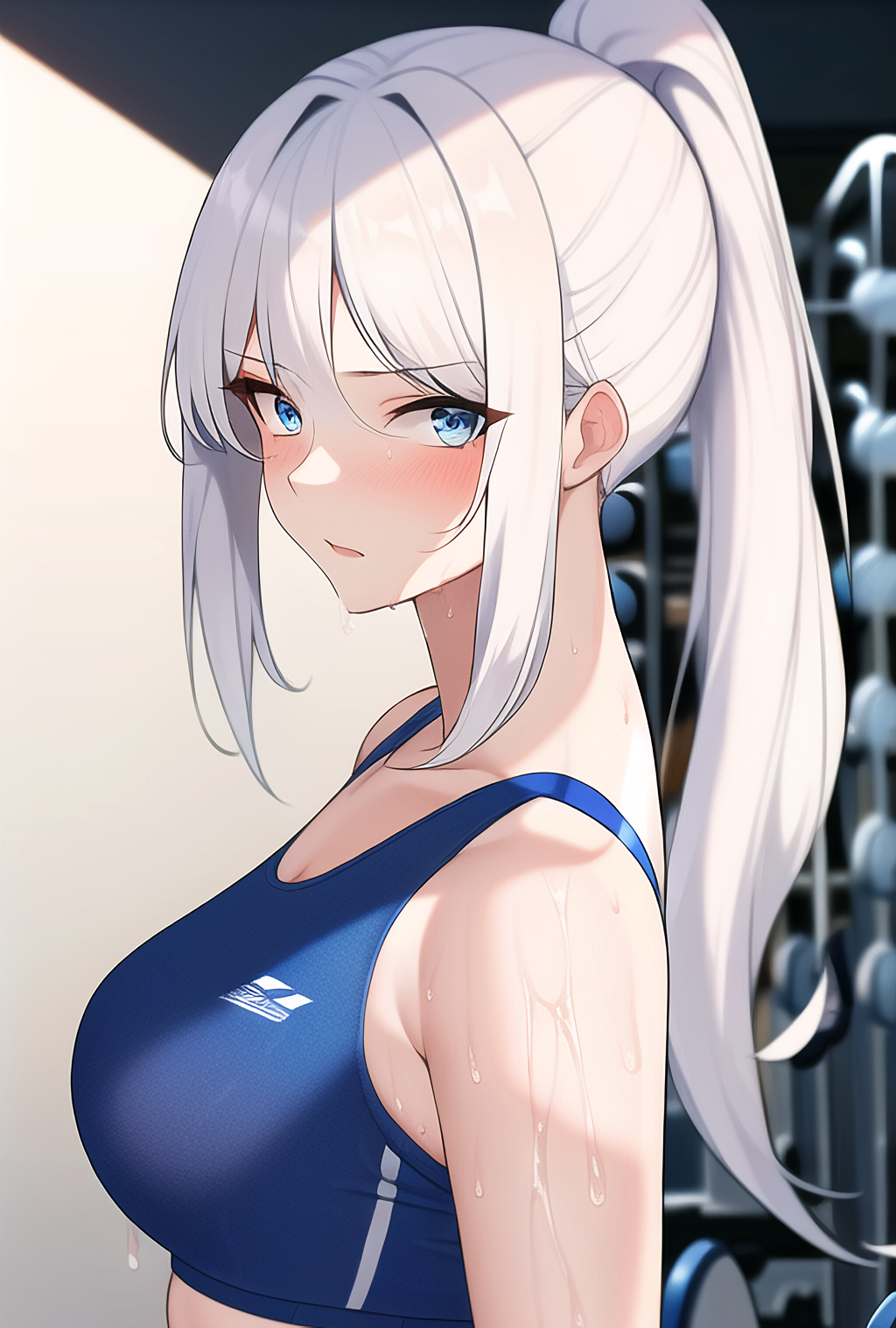 Anime 1024x1516 AI art anime girls white hair ponytail blue eyes looking at viewer sportswear sweat simple background portrait blushing