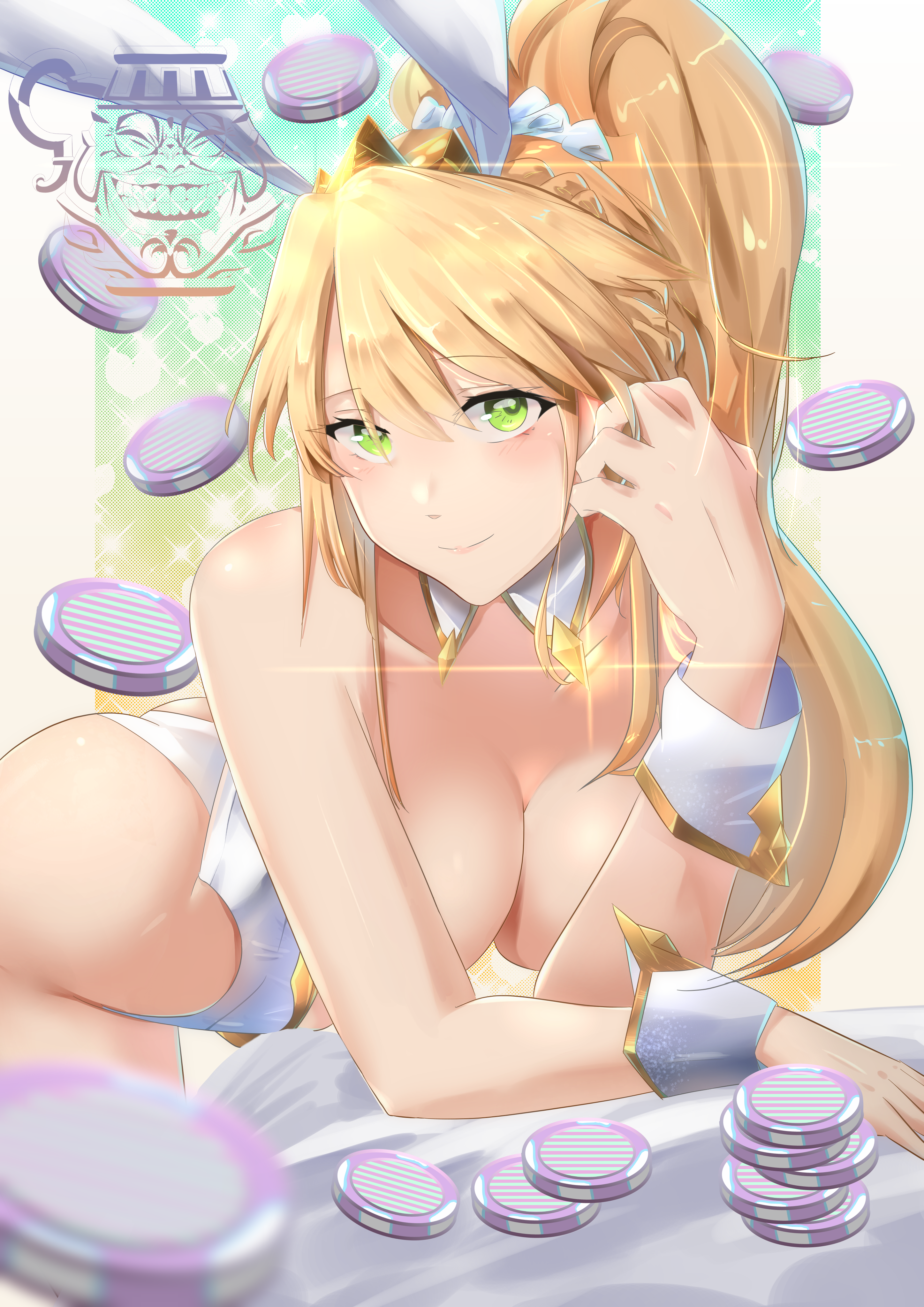 Anime 2894x4093 Fate series Fate/Grand Order Artoria Pendragon (Ruler) bunny suit bunny ears blonde green eyes poker chips ponytail cleavage big boobs Yu-Gi-Oh! anime girls