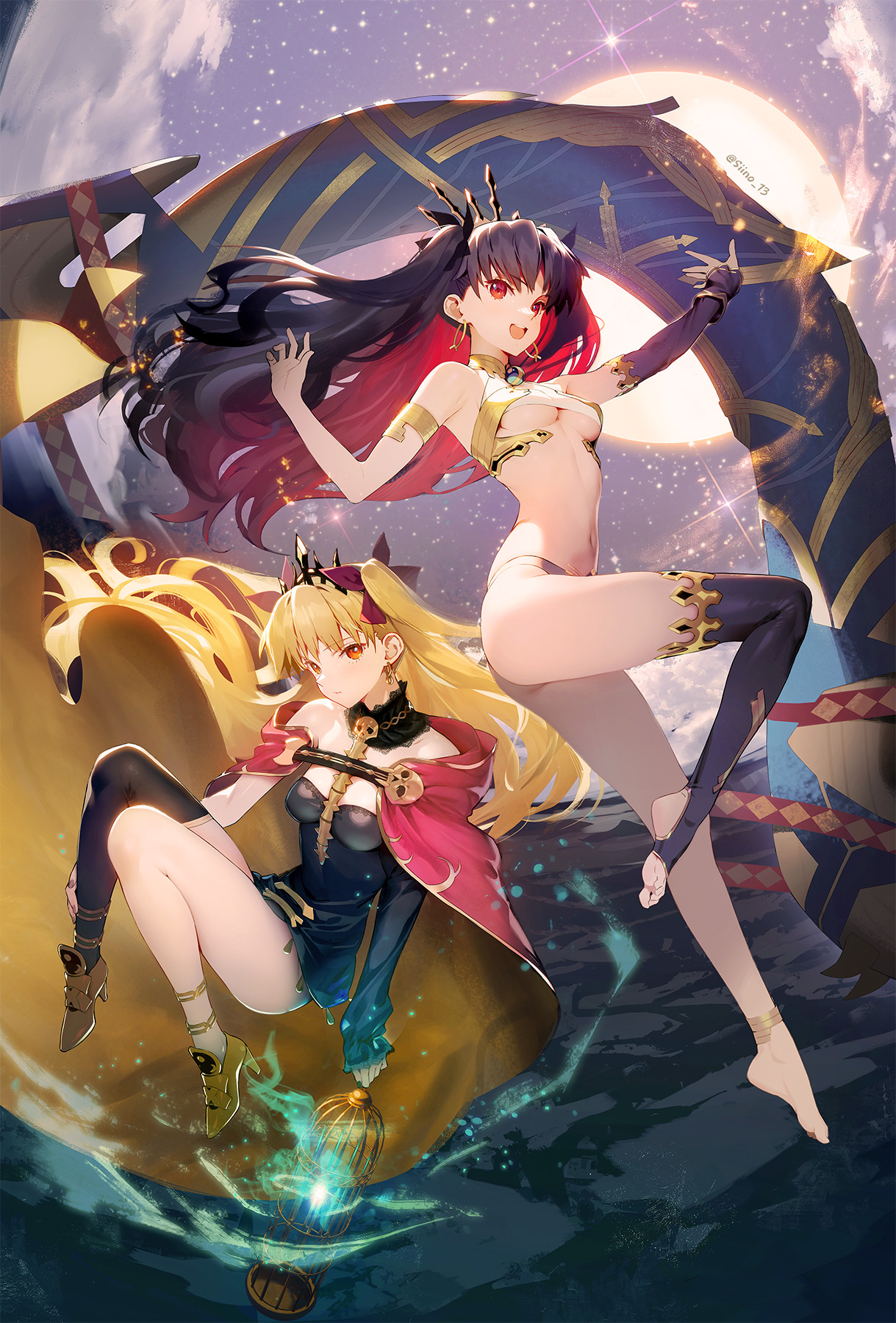 Anime 1219x1800 Fate series two women portrait display water Ereshkigal (Fate/Grand Order) Ishtar (Fate/Grand Order) missing stocking Moon looking at viewer thighs stars women outdoors long hair hair ornament full moon high heels Siino cages tiaras starred sky starry night boobs cape night anime girls skinny Fate/Grand Order anime