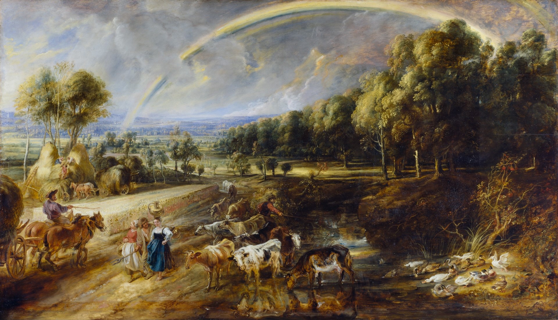 General 1920x1101 Peter Paul Rubens Oil on canvas oil painting painting landscape sky clouds trees animals people rainbows