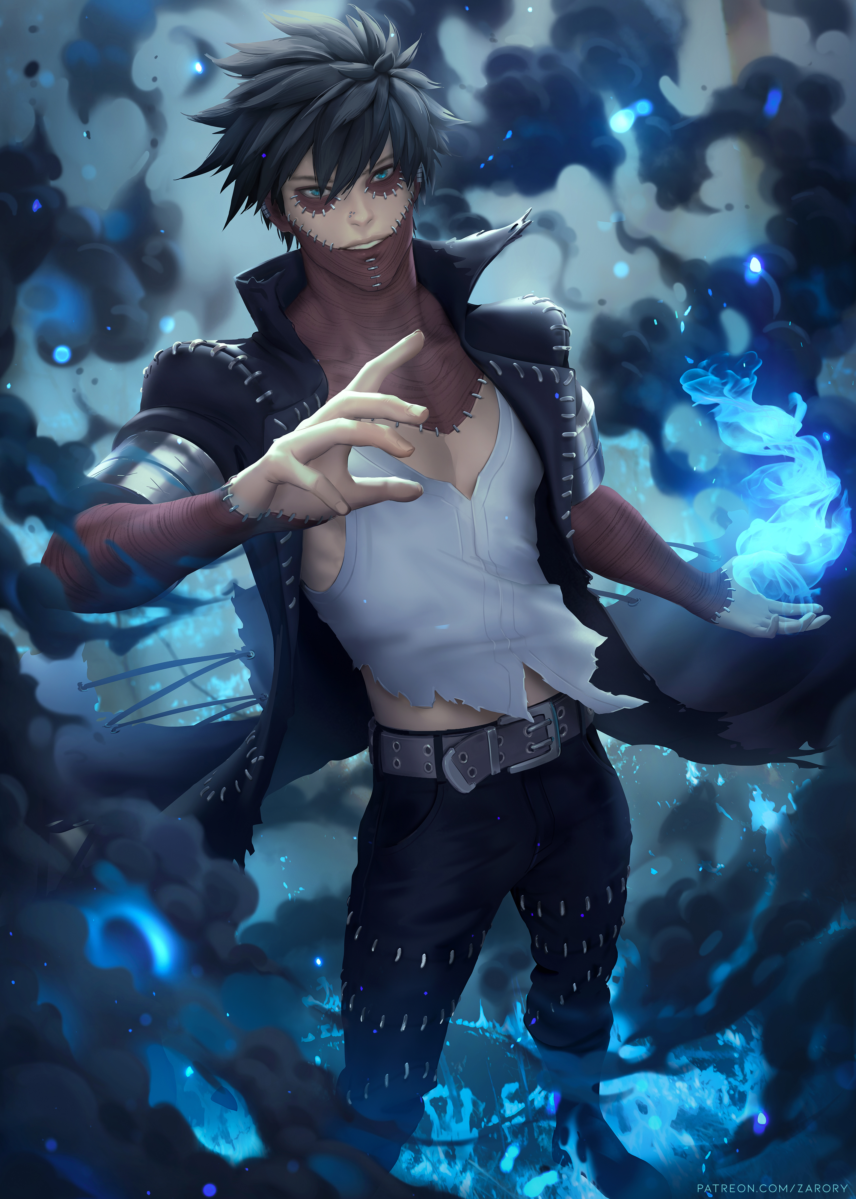 Anime 2856x4000 Dabi Boku no Hero Academia anime anime boys artwork drawing fan art Zarory blue flames fire burning black hair portrait display standing looking at viewer short hair watermarked blue eyes scars stitches belt