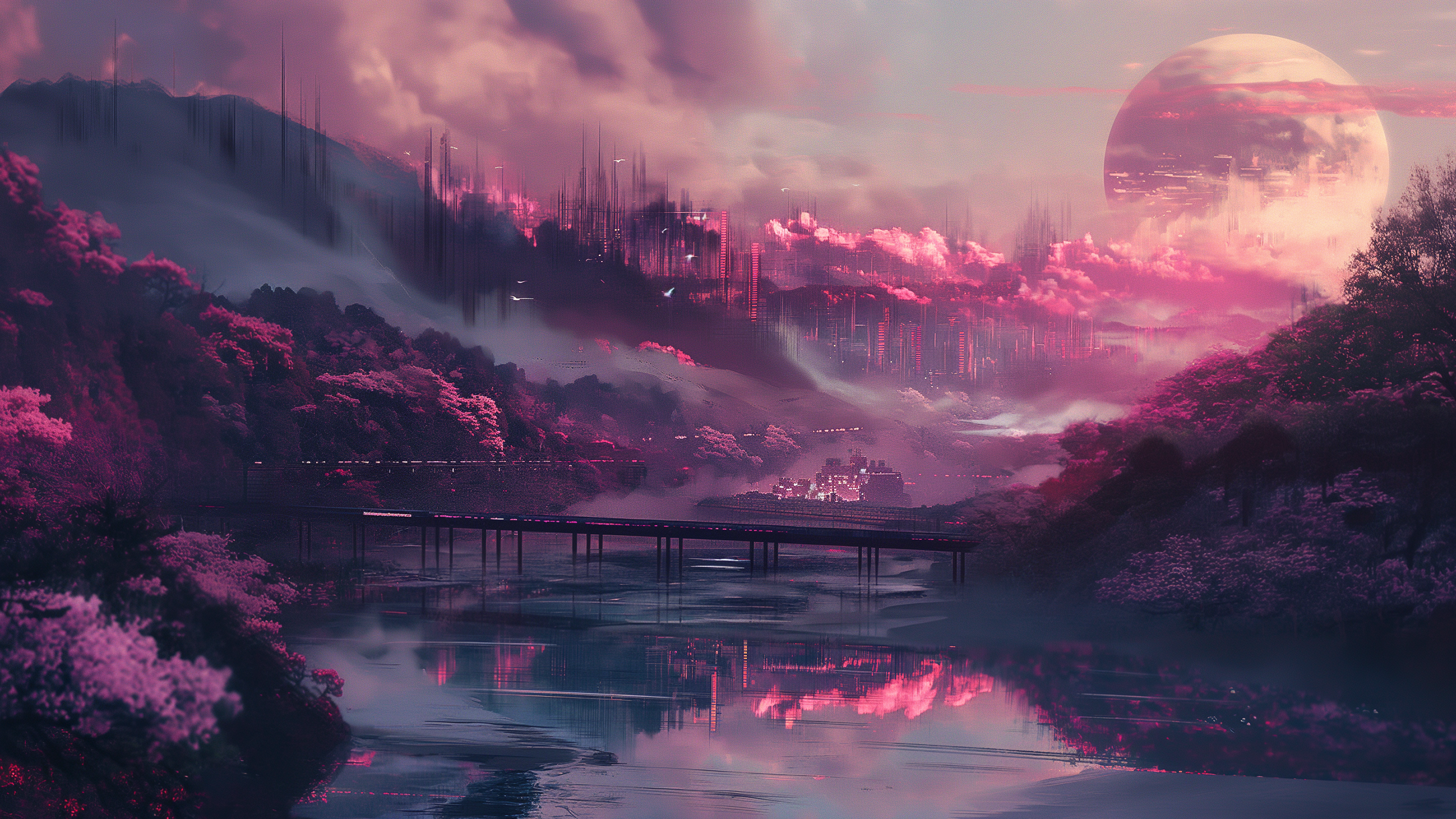 General 2560x1440 AI art pink purple trees landscape ancient city Moon bridge science fiction Midjourney