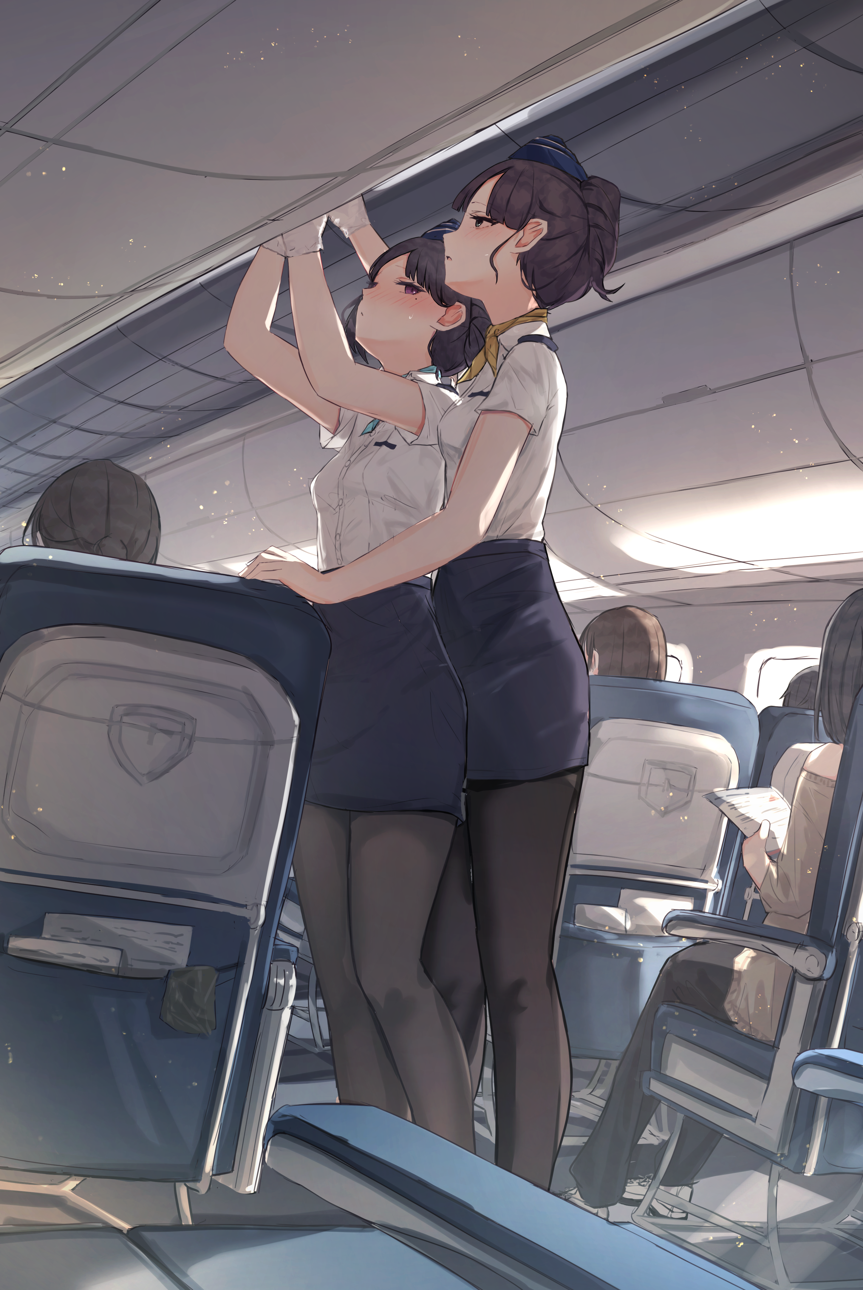 Anime 2894x4328 two women pantyhose portrait display blushing flight attendant blue skirt airplane interior Benevole mole under eye black hair group of people sweatdrop yuri black pantyhose