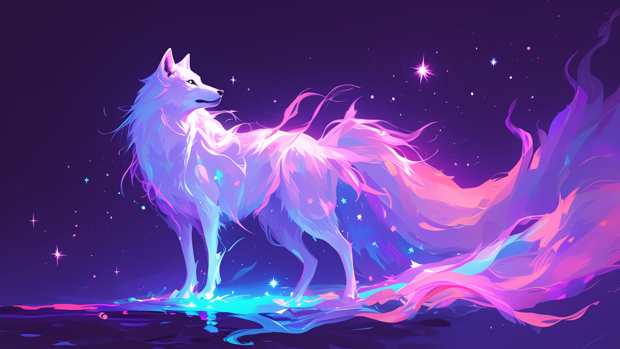 General 2560x1440 AI art Midjourney fox wolf colorization purple background blue background blue purple tail stars