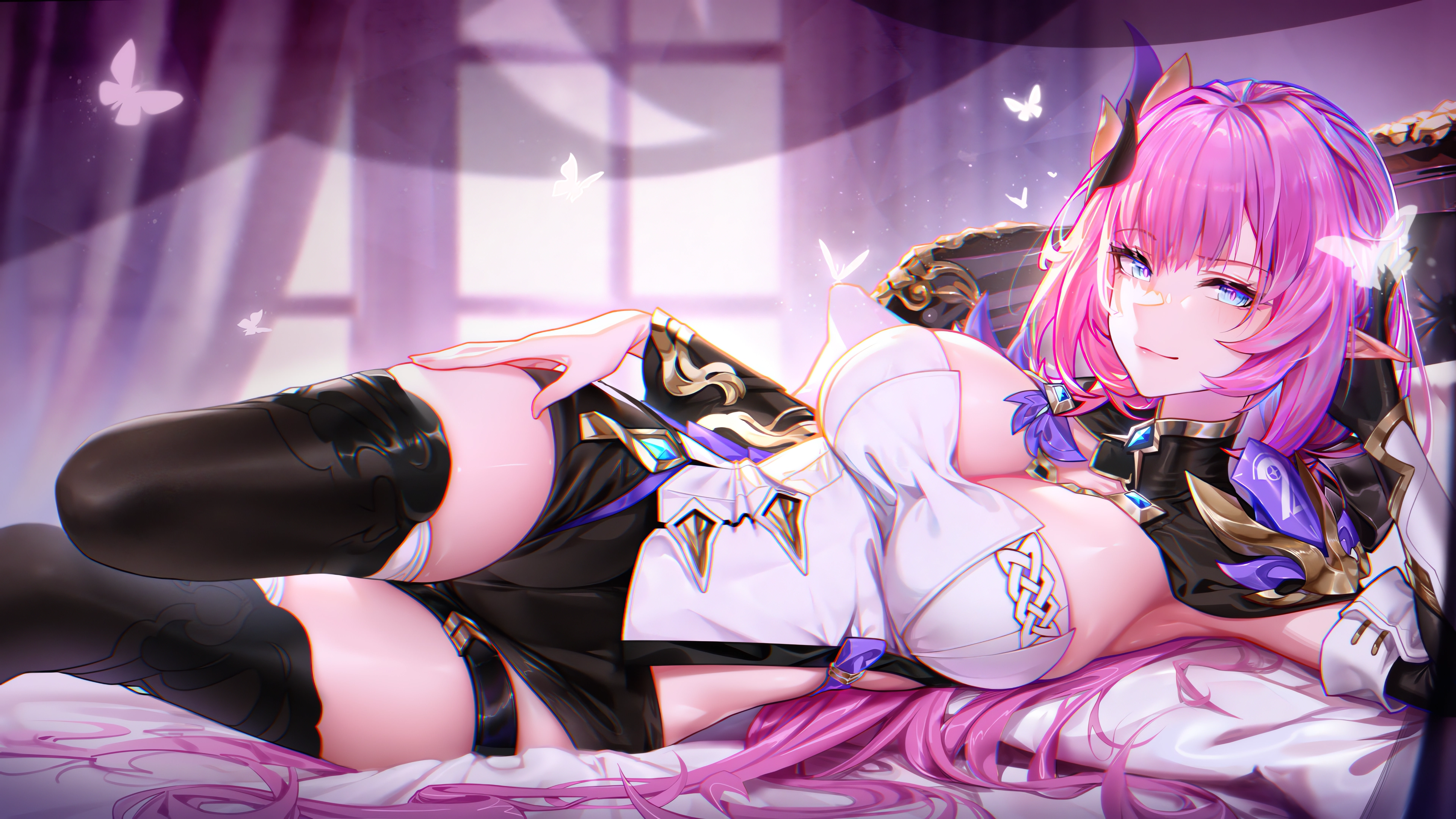 Anime 3840x2160 anime anime girls Honkai Impact 3rd Elysia (Honkai Impact 3rd) artwork HBB pink hair long hair blue eyes pointy ears in bed big boobs Honkai Impact elves lying down lying on side looking at viewer bed butterfly insect black thigh highs thighs thigh-highs cleavage resting head smiling closed mouth armpits hands on hips pillow curtains women indoors