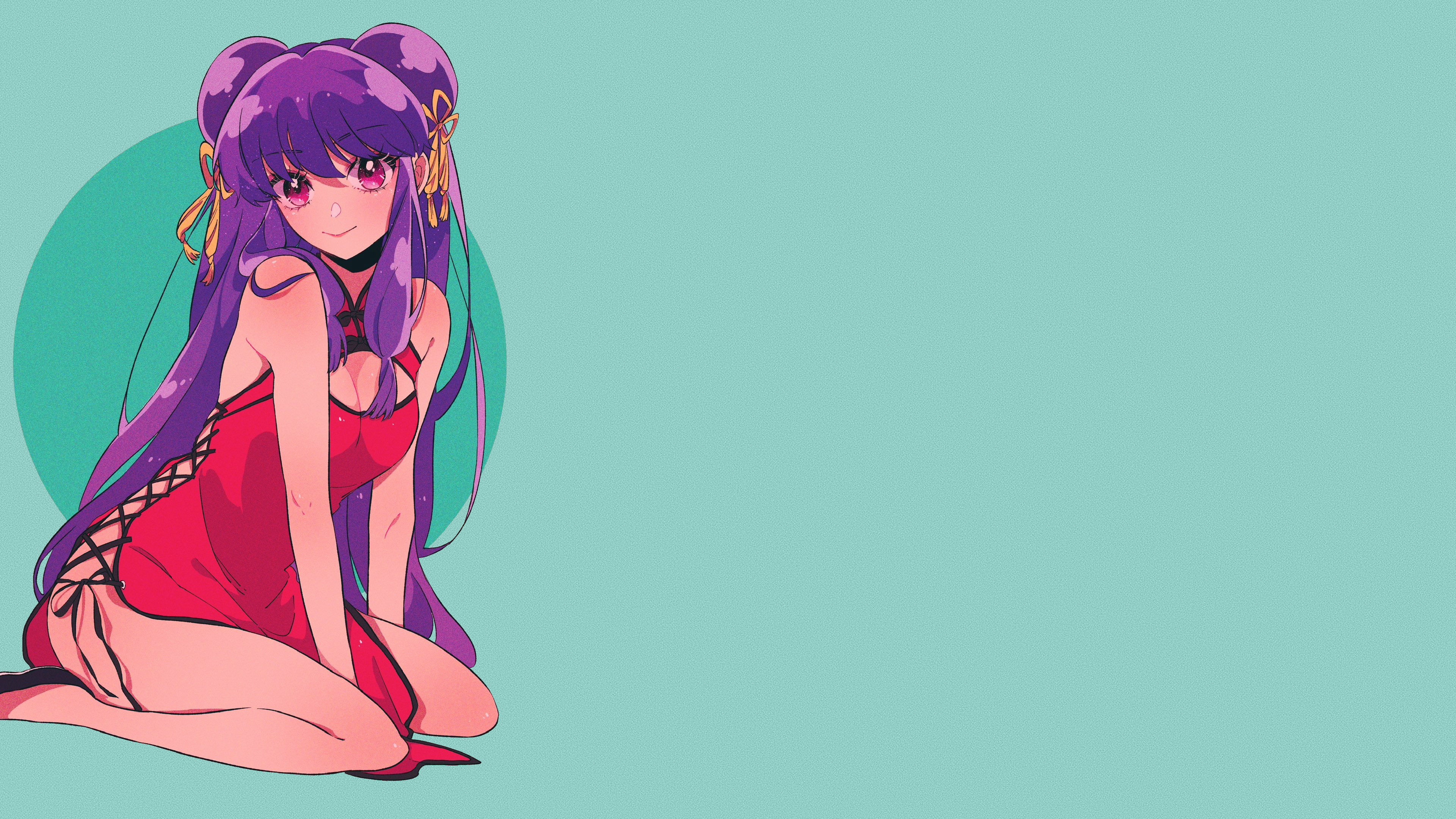 Anime 3840x2160 Shampoo Ranma ½ simple background teal background long hair twin buns purple hair ribbon yellow ribbon dress red dress kneeling cleavage cheongsam bangs blunt bangs red eyes purple eyes sidelocks ass wide hips hips open dress bare shoulders smiling anime girls looking at viewer sitting hair between eyes shoes