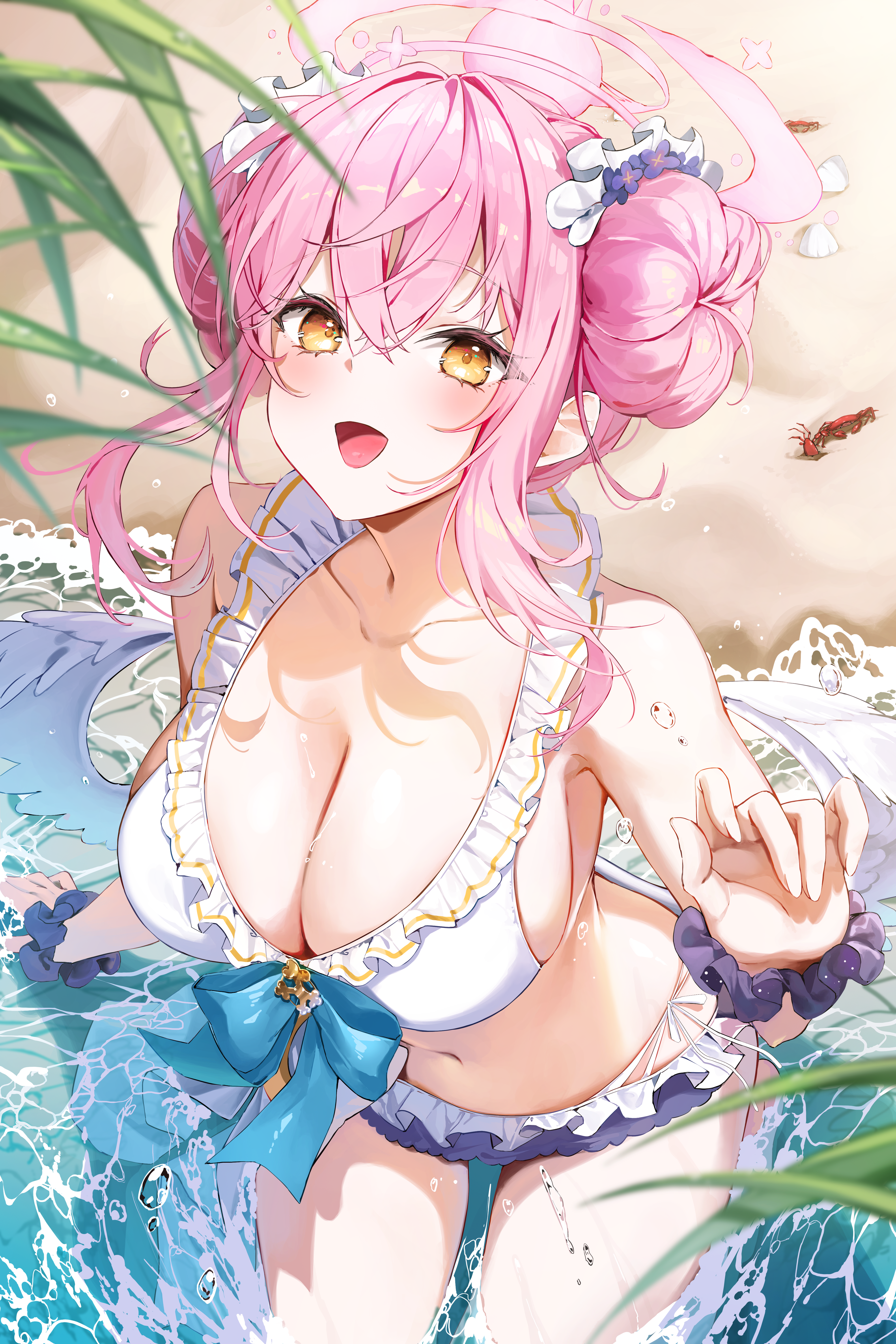 Anime 4000x6000 Pixiv anime anime games anime girls blushing wet wings swimwear bikini Blue Archive Misono Mika HaDy hair between eyes twin buns portrait display looking at viewer angel cleavage huge breasts collarbone pink hair women outdoors smiling yellow eyes flower in hair women on beach beach waves water sand water drops leaves sunlight long hair crabs open mouth frills