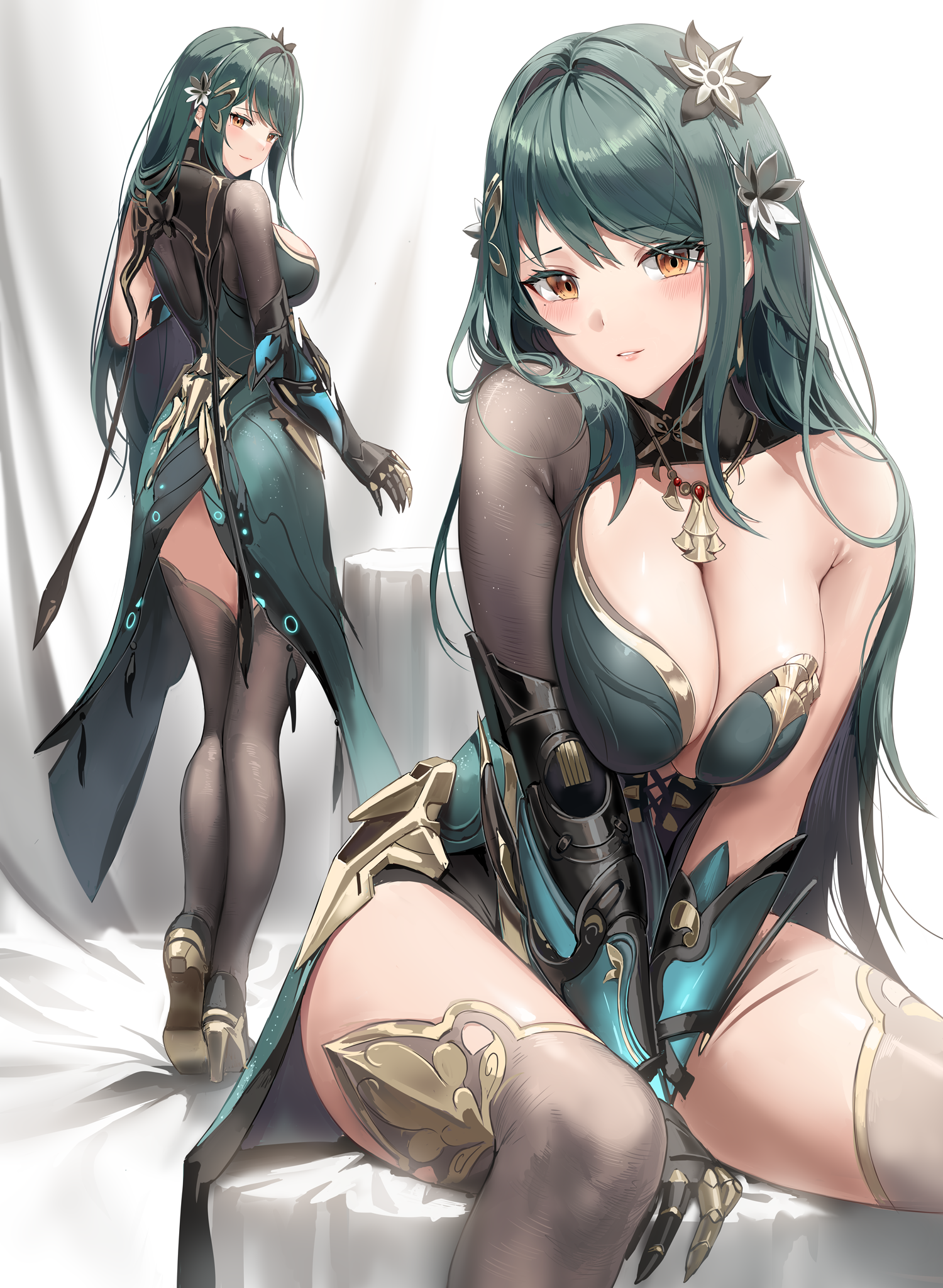 Anime 1500x2048 Punishing: Gray Raven Hanying (Punishing: Gray Raven) looking at viewer dress green dress huge breasts asian clothing cleavage long hair hair ornament orange eyes parted lips Silence Girl high heels thigh-highs flower in hair hanying jewelry