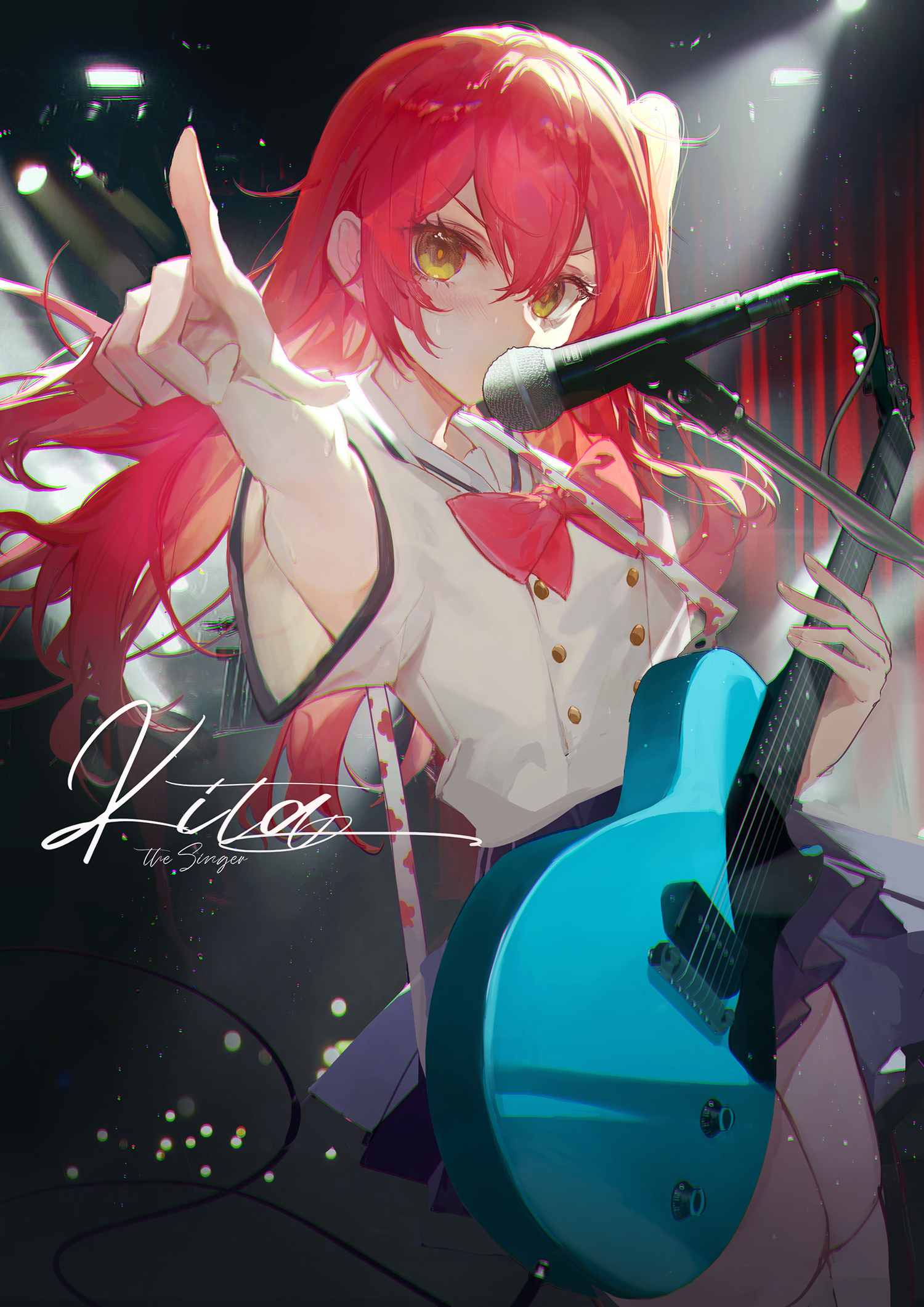 Anime 1500x2122 Kita Ikuyo anime girls yellow eyes microphone finger pointing guitar portrait display long hair musical instrument redhead looking at viewer bow tie