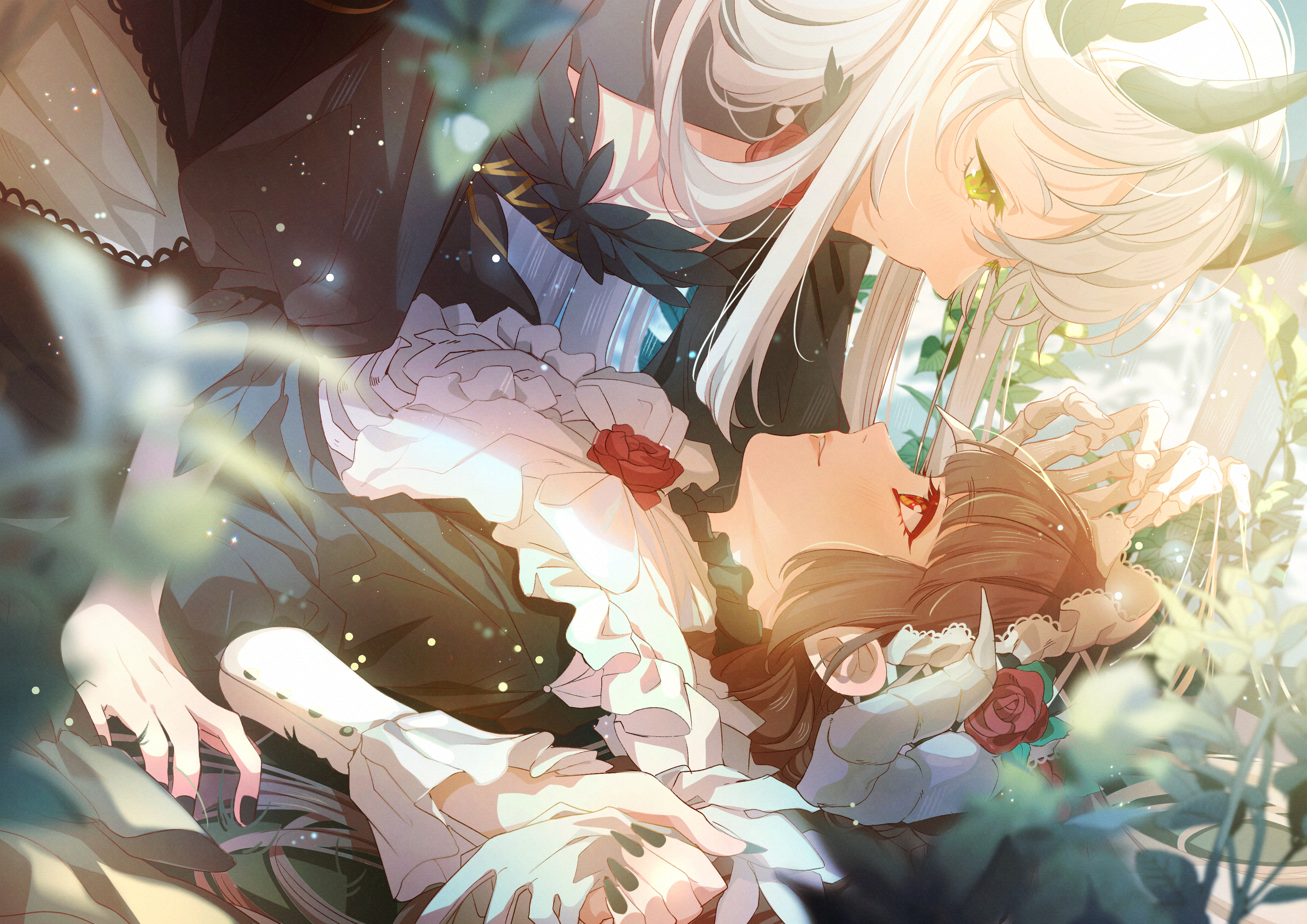 Anime 3508x2480 anime anime girls lying down lying on back Miho_tyan_ smiling sunlight face to face maid outfit bangs leaves yuri lesbians black nails painted nails long nails long sleeves frills bones flowers long hair lolita fashion horns