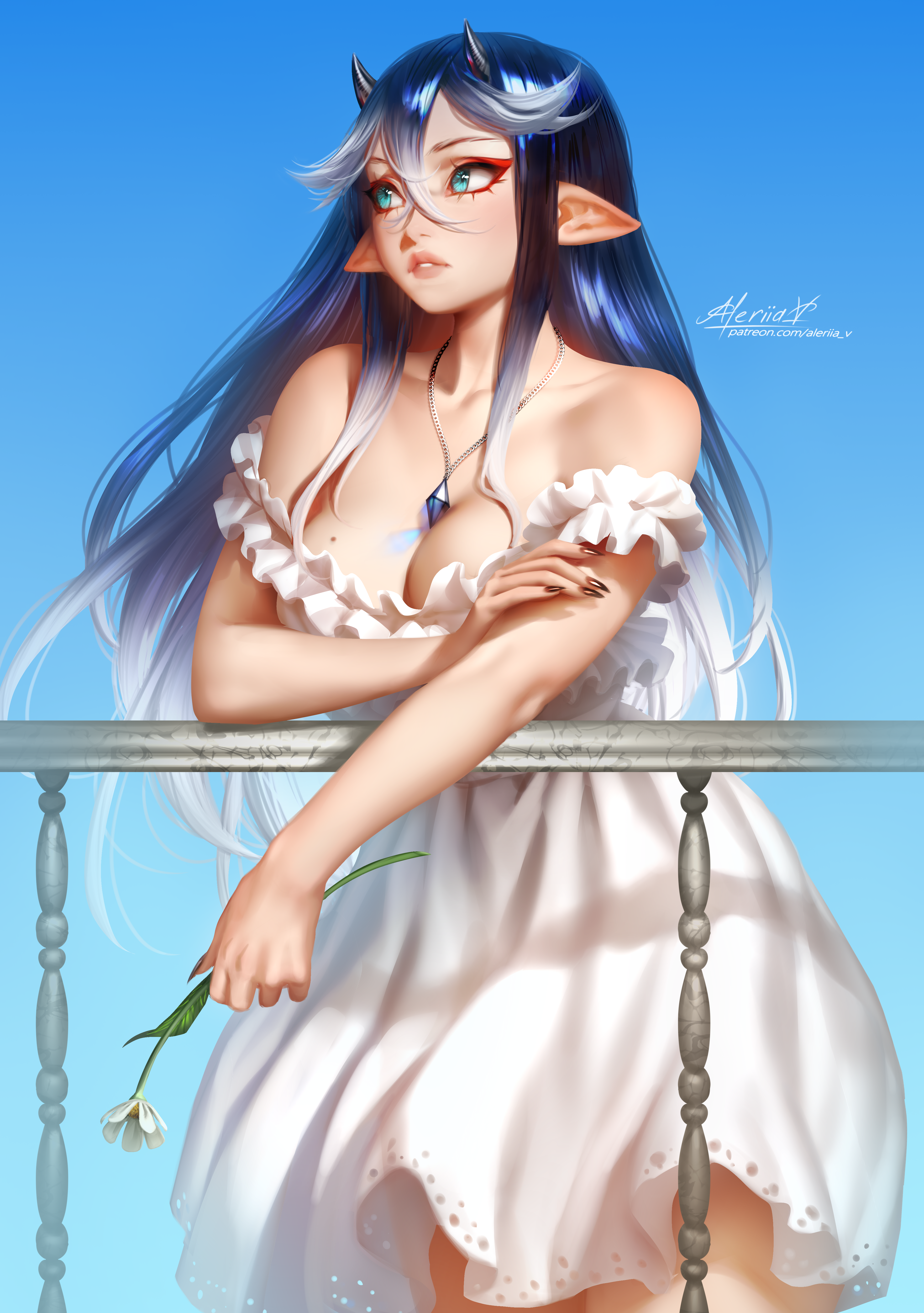 Anime 3872x5500 demon girls pointy ears original characters anime anime girls artwork drawing Lera Pi portrait display looking away cleavage big boobs necklace dress flowers