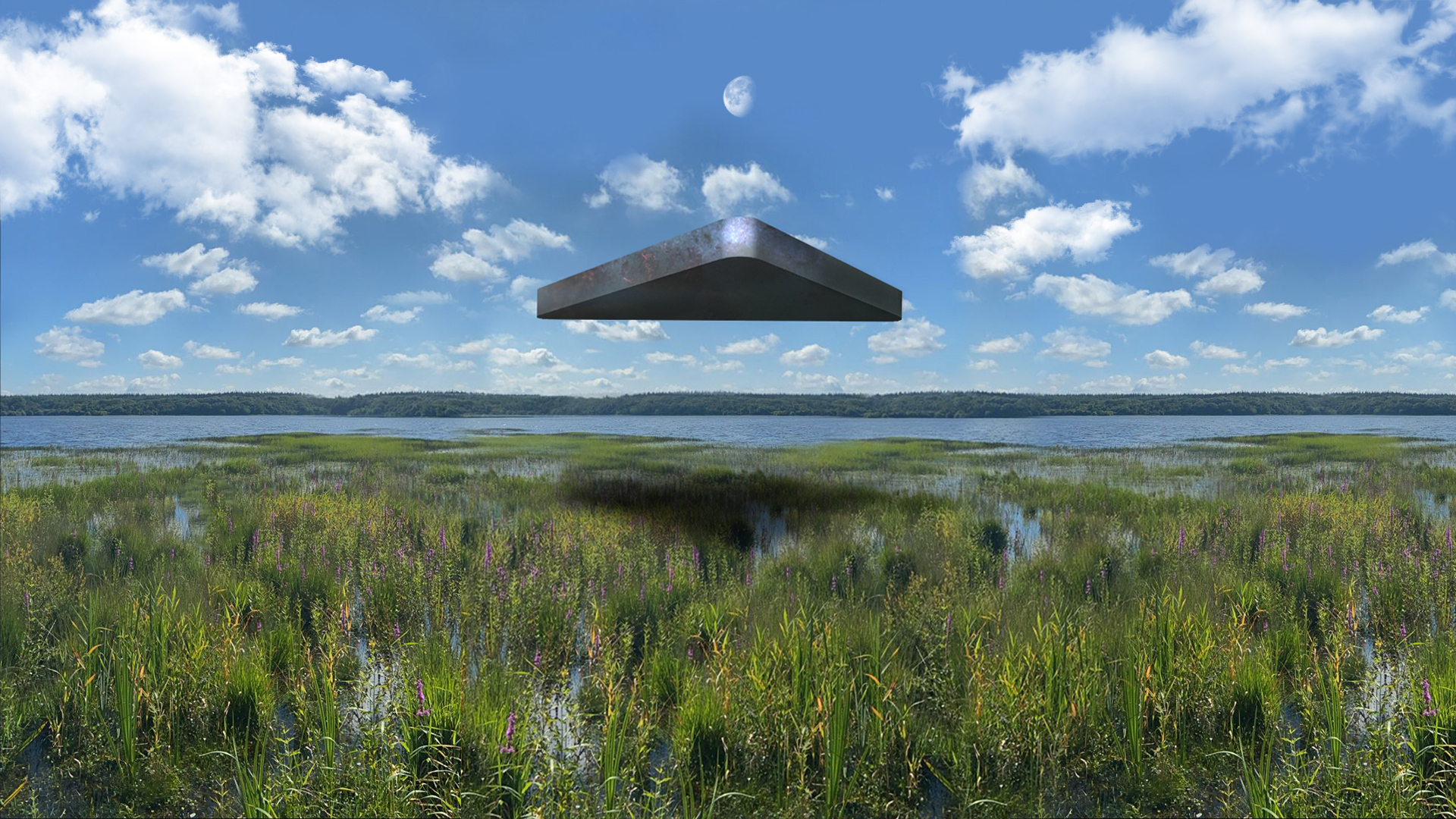 General 1920x1080 flying saucers swamp UFO clouds sky aircraft Moon water digital art