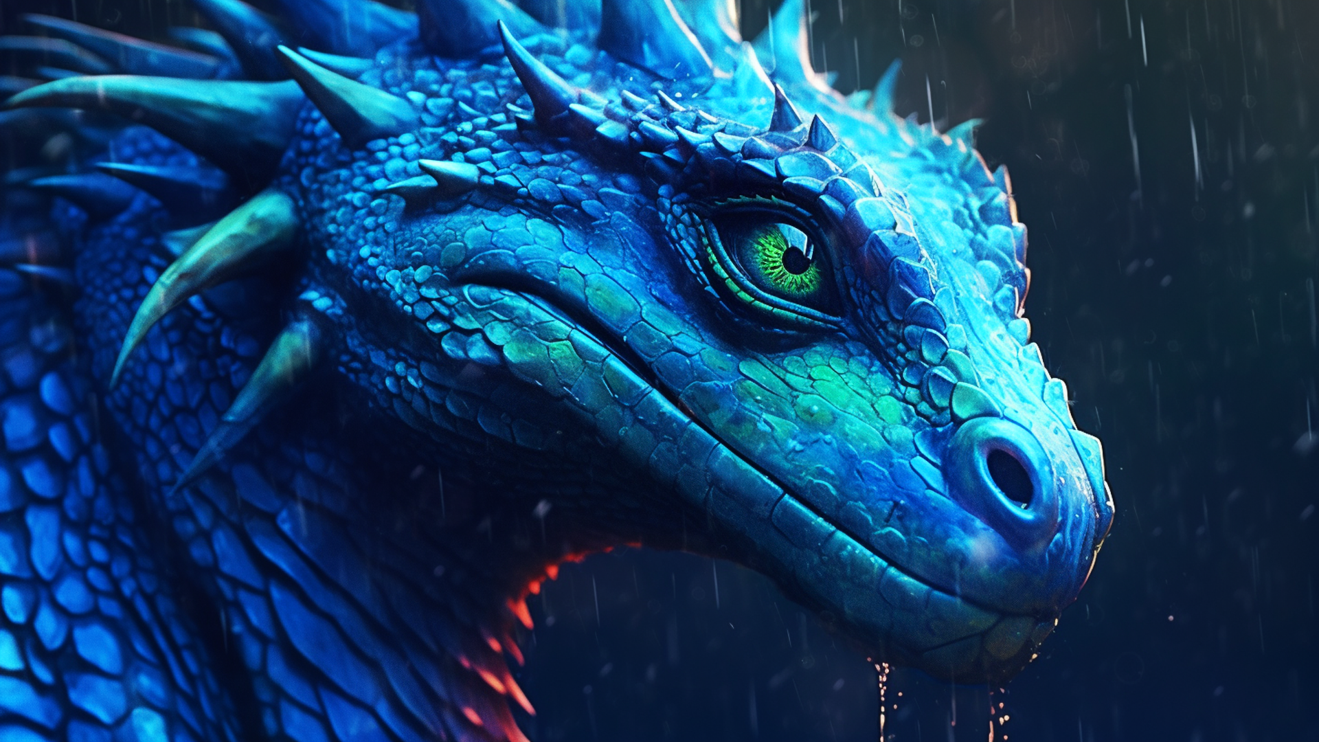 General 1920x1080 blue background water rain dragon creature blue AI art
