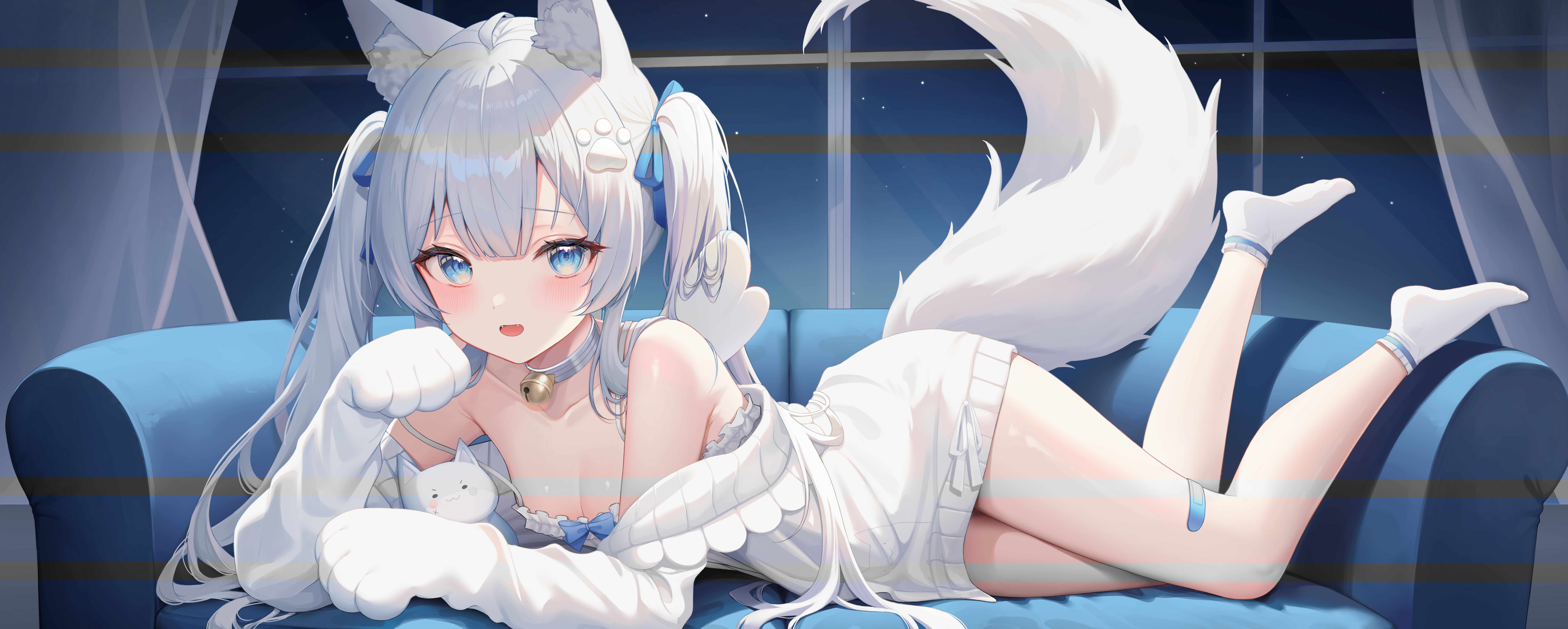 Anime 10000x4015 Pixiv Lethe anime girls fox girl fox ears fox tail smiling collar window curtains sky stars looking at viewer Band-Aid small boobs twintails long hair socks blushing blue hair blue eyes lying on front