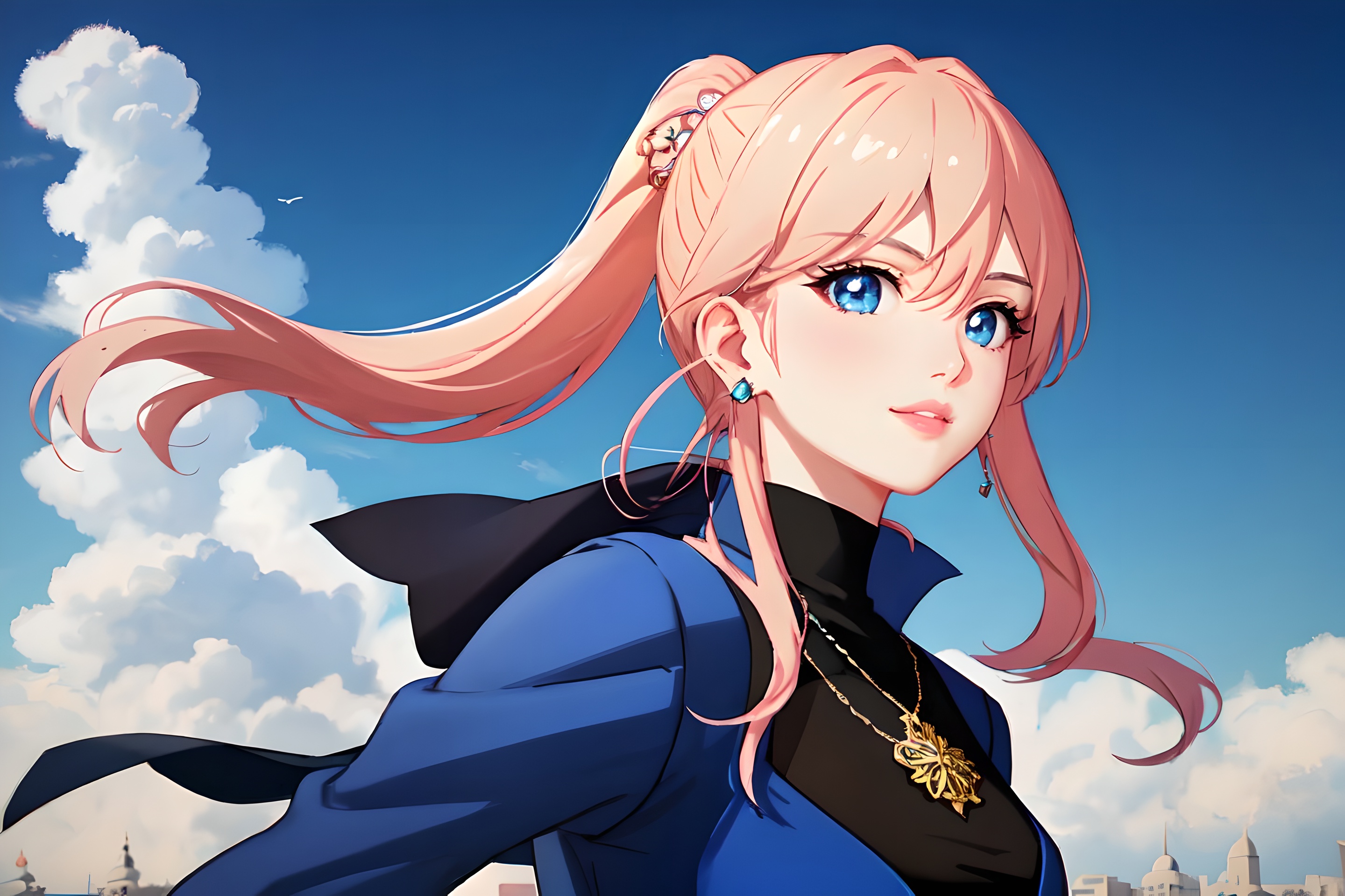 Anime 2880x1920 blonde character design  AI art Naoko Takeuchi style manga anime girls clouds ponytail long hair earring looking at viewer necklace sky smiling