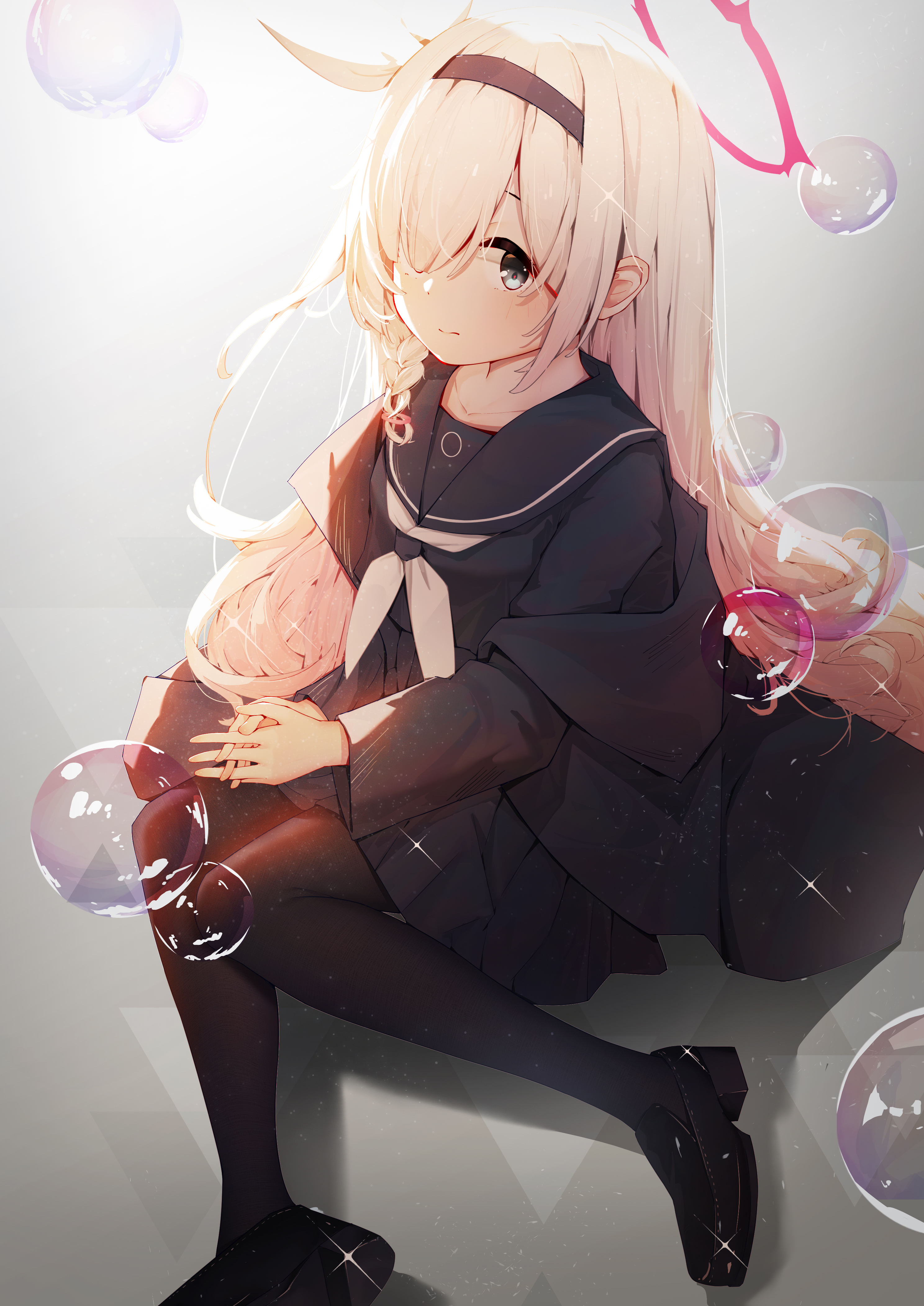 Anime 2976x4206 Plana (Blue Archive) Blue Archive sailor uniform white hair black dress long hair gray background looking at viewer halo bubbles anime girls hair over one eye smiling schoolgirl school uniform portrait display simple background minimalism