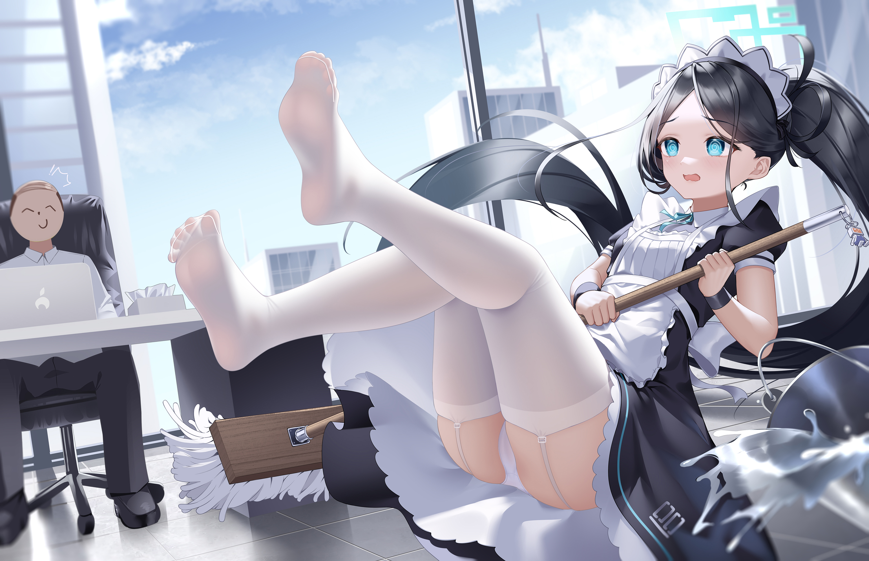 Anime 3000x1936 anime girls Blue Archive Tendou Alice maid outfit panties white pantyhose maid upskirt garter straps laptop chair long hair ponytail clouds window water blue eyes black hair broom falling ass feet white panties anime skyscraper sky