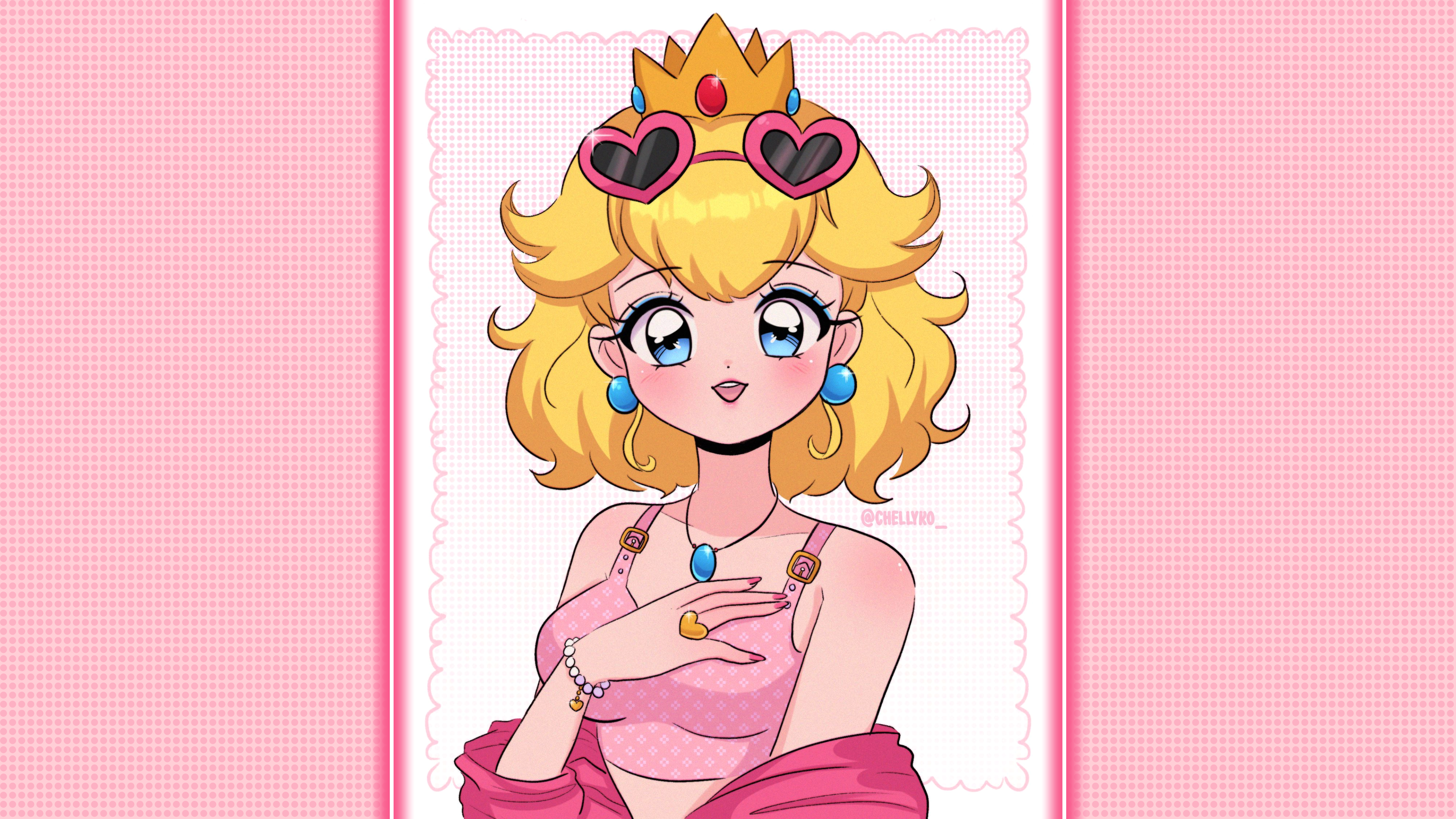 Anime 3840x2160 Princess Peach Super Mario blonde Super Mario Bros. rings jewel necklace crop top blue eyes earring straps bracelets pearl bracelet glasses heart (design) women with glasses blushing open mouth video games alternate costume crown video game girls jewelry painted nails pink nails bare shoulders bangs simple background sunglasses looking at viewer