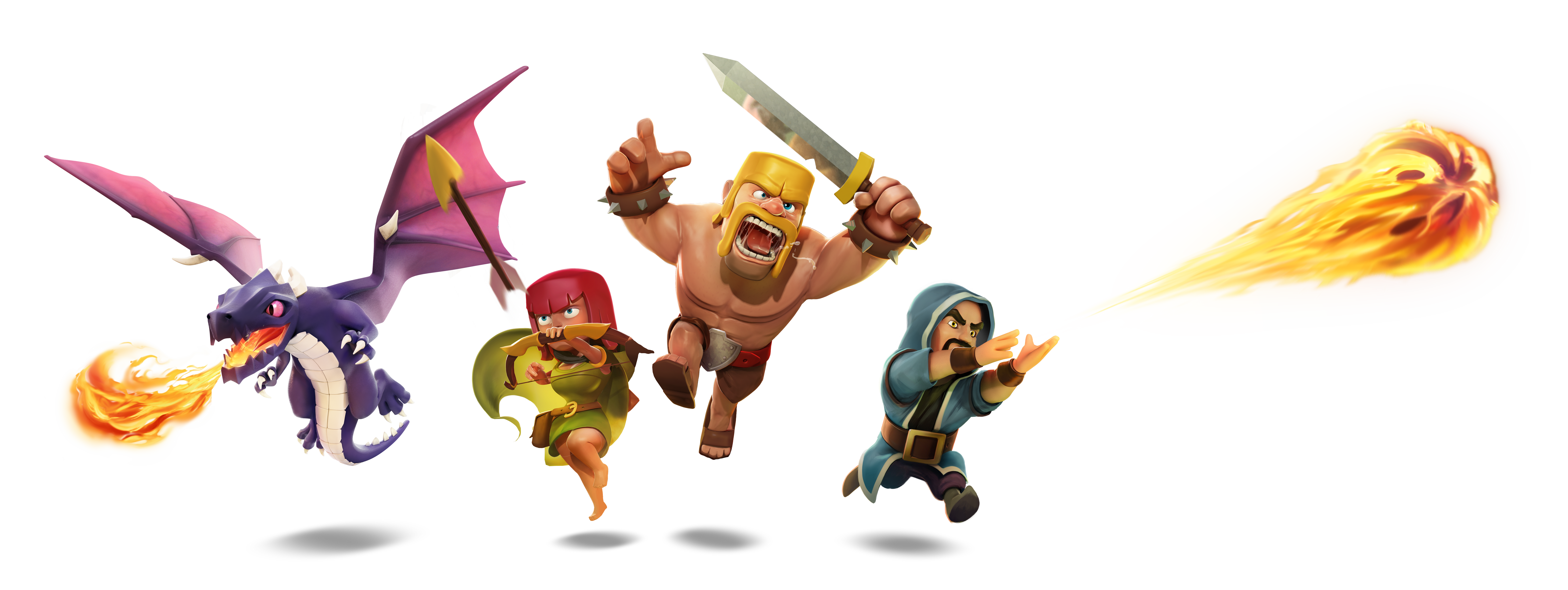 General 6224x2344 Clash of Clans video game characters transparent background dragon barbarian archer fireballs wizard ultrawide minimalism black background simple background sword bow and arrow