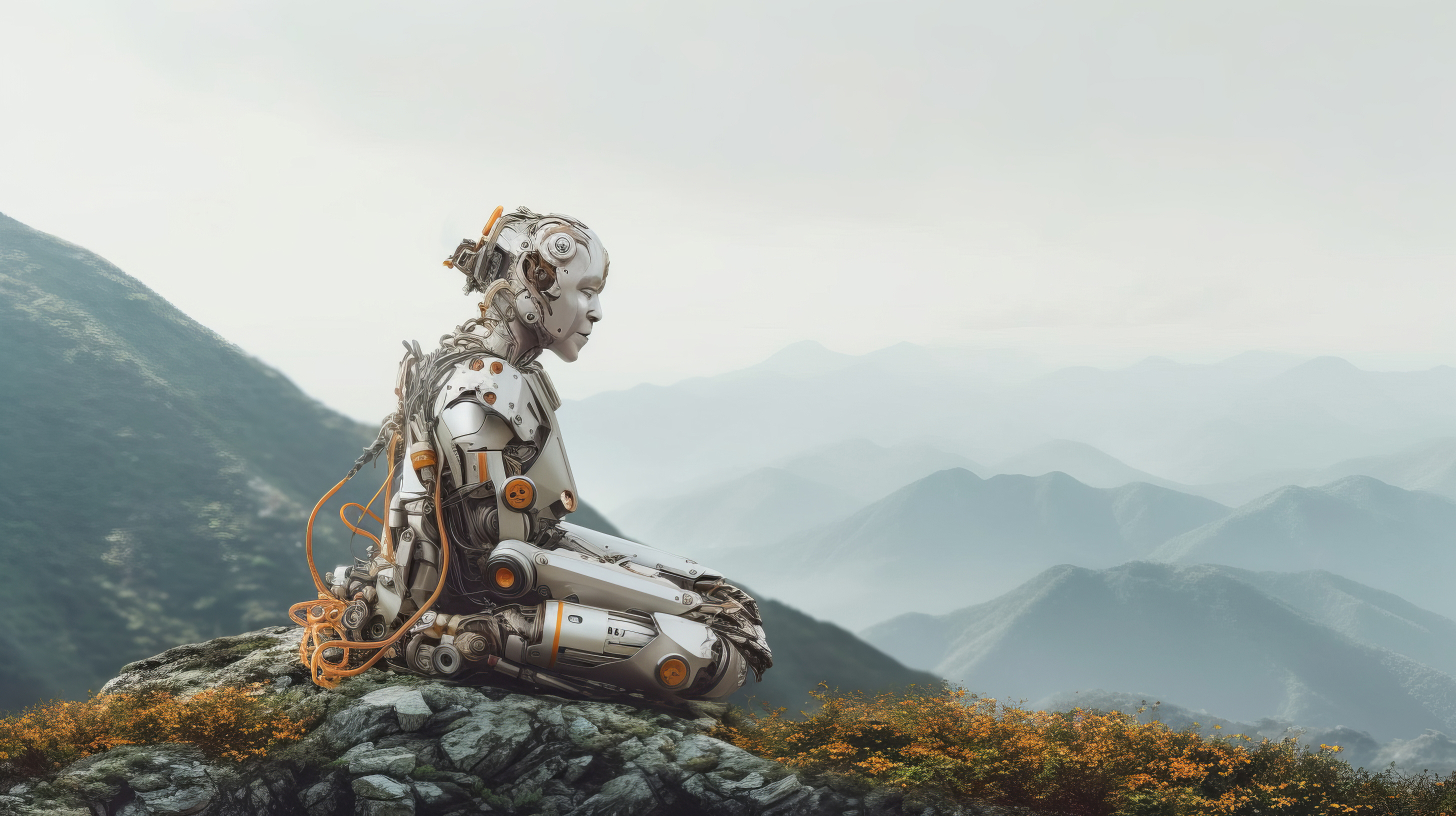 General 2912x1632 AI art robot monks Buddhism mountains landscape technology simple background nature