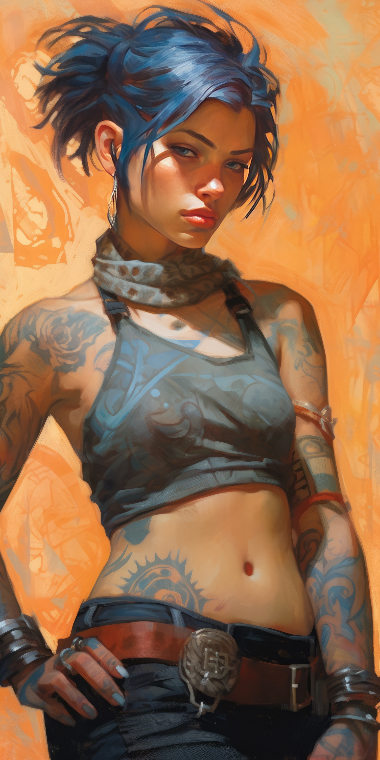 General 1536x3072 AI art women tattoo blue hair bare midriff short hair belly belly button portrait display scarf looking at viewer bracelets blue eyes hands on hips bare shoulders