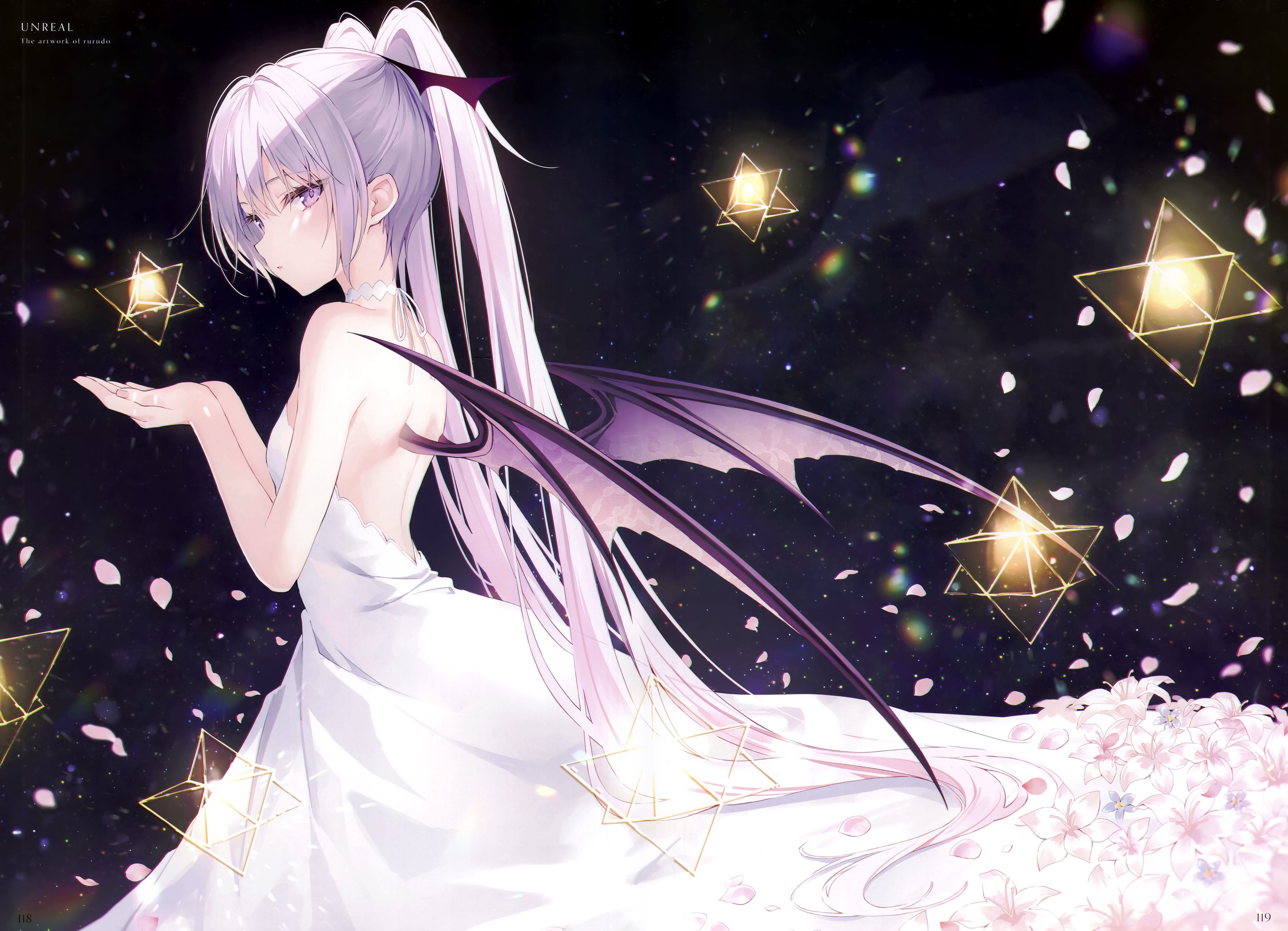 Anime 4779x3456 anime Rurudo anime girls wings petals dress looking at viewer twintails long hair flowers