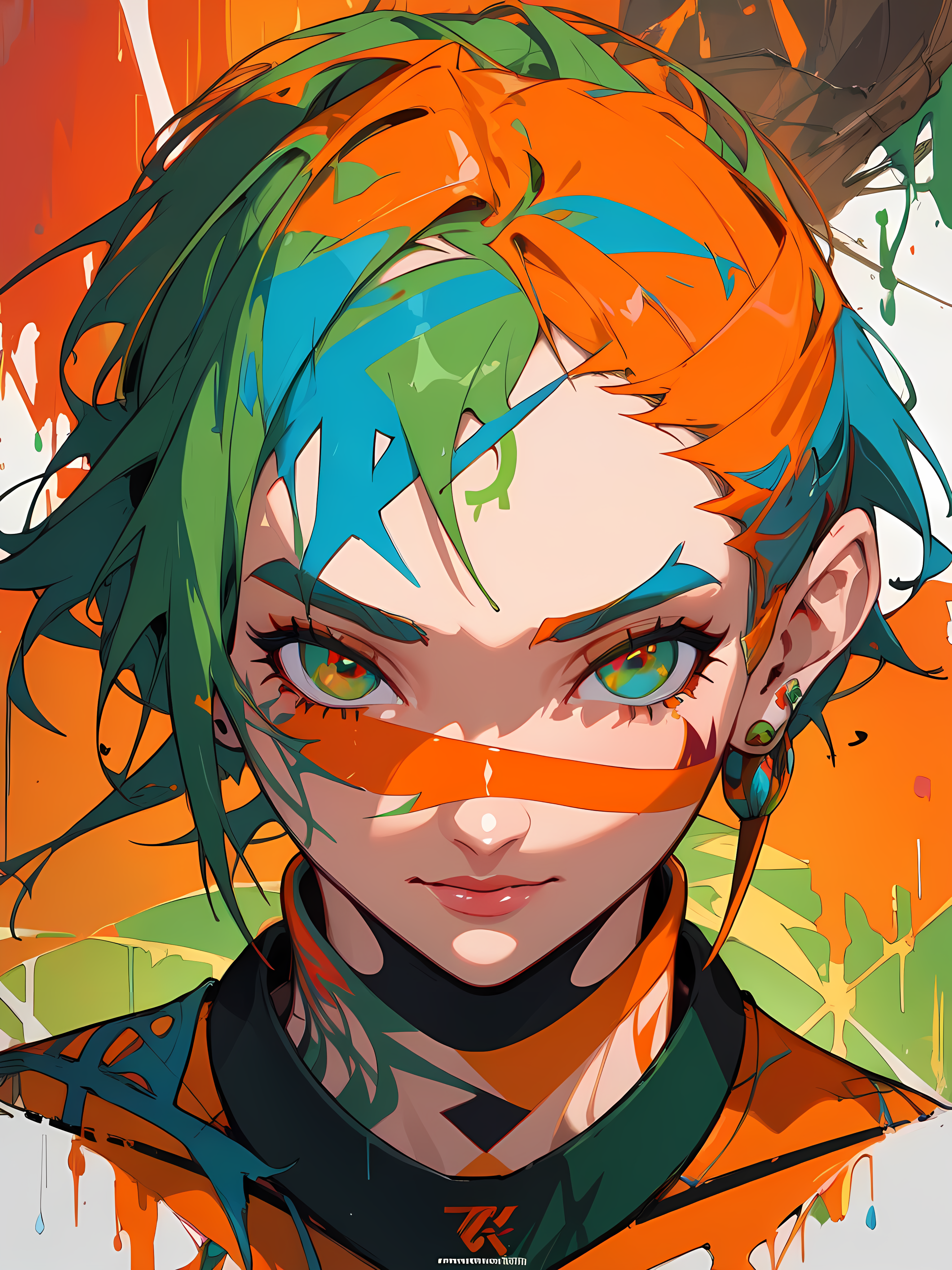 Anime 3072x4096 AI art watercolor style graffiti anime girls multi-colored hair earring portrait display short hair looking at viewer multi-colored eyes