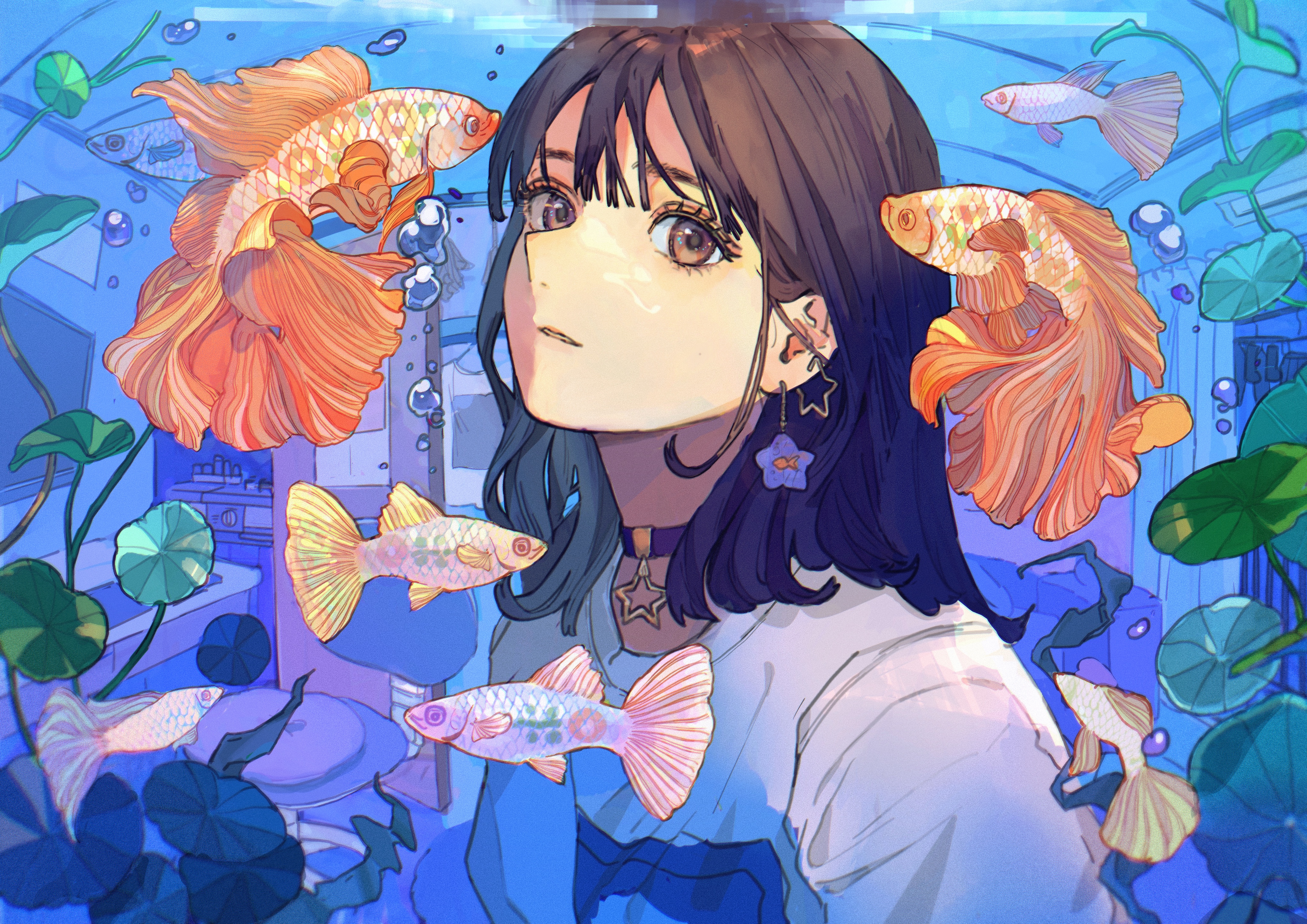 Anime 4093x2894 anime Pixiv anime girls fish looking at viewer animals water lilies long hair brunette brown eyes choker earring bubbles Qooo003