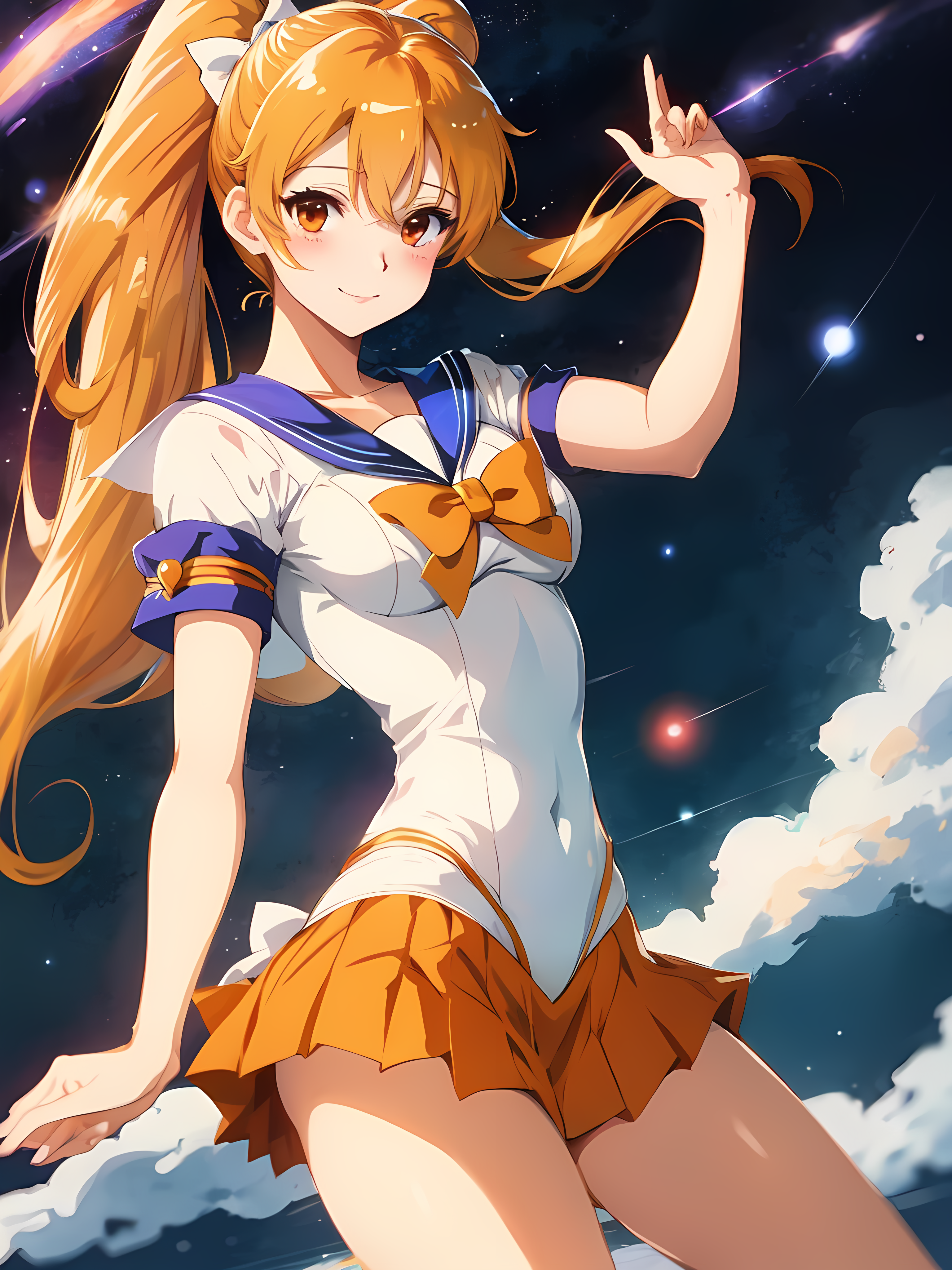 Anime 3072x4096 AI art anime girls Sailor Venus bow tie looking at viewer skirt sky clouds smiling portrait display long hair ponytail sailor uniform stars Aino Minako