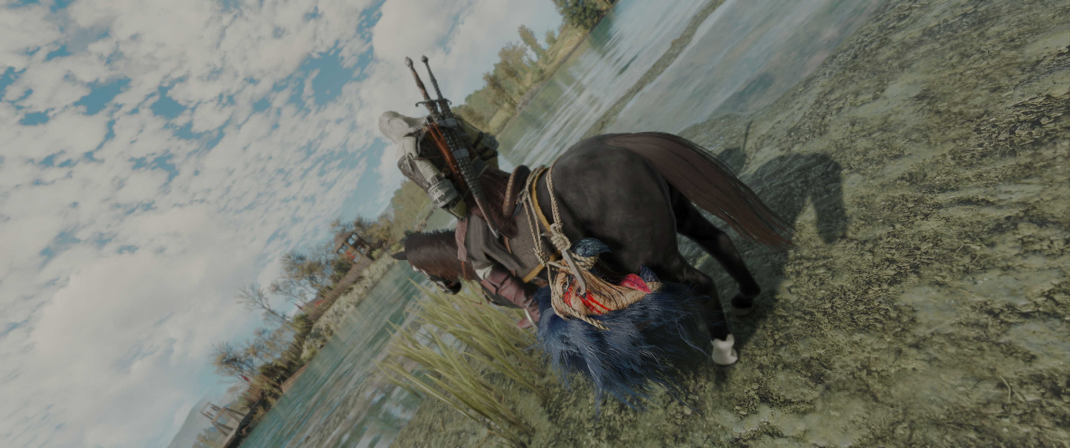 General 3440x1440 The Witcher 3: Wild Hunt Geralt of Rivia griffins video games CGI sky clouds water horse sword armor animals