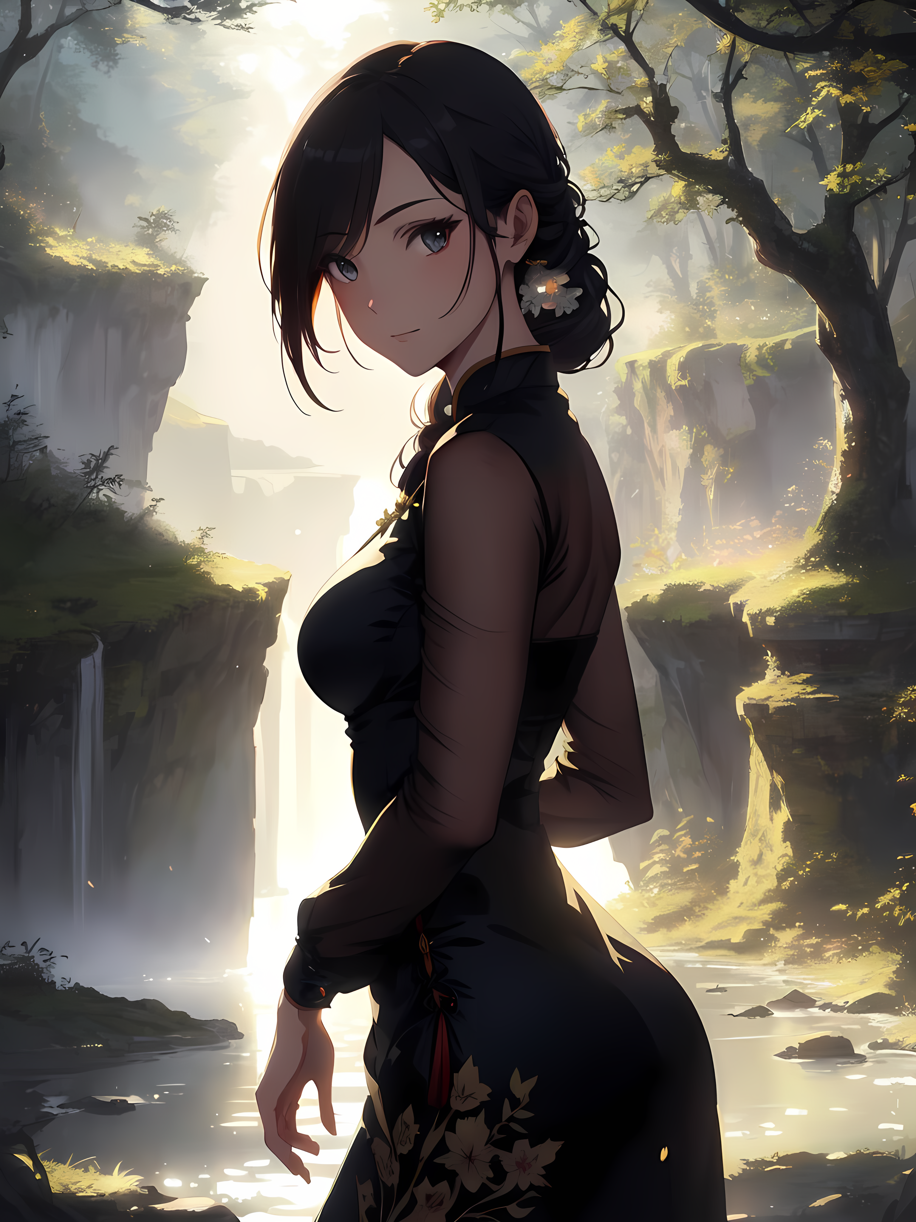 Anime 3072x4096 AI art anime girls portrait display trees water dress smiling looking at viewer blue eyes waterfall looking back Chinese dress cheongsam