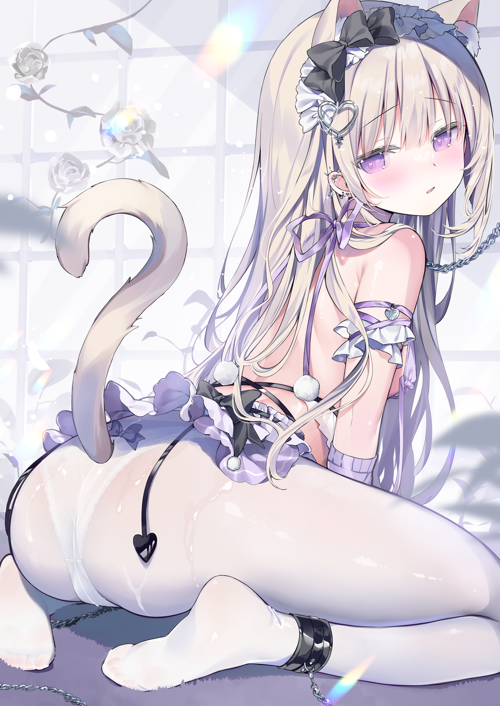Anime 1003x1416 anime anime girls Pixiv portrait display pantyhose cat girl cat ears cat tail long hair looking at viewer ass looking back blushing flowers leaves ankle cuffs purple eyes panties