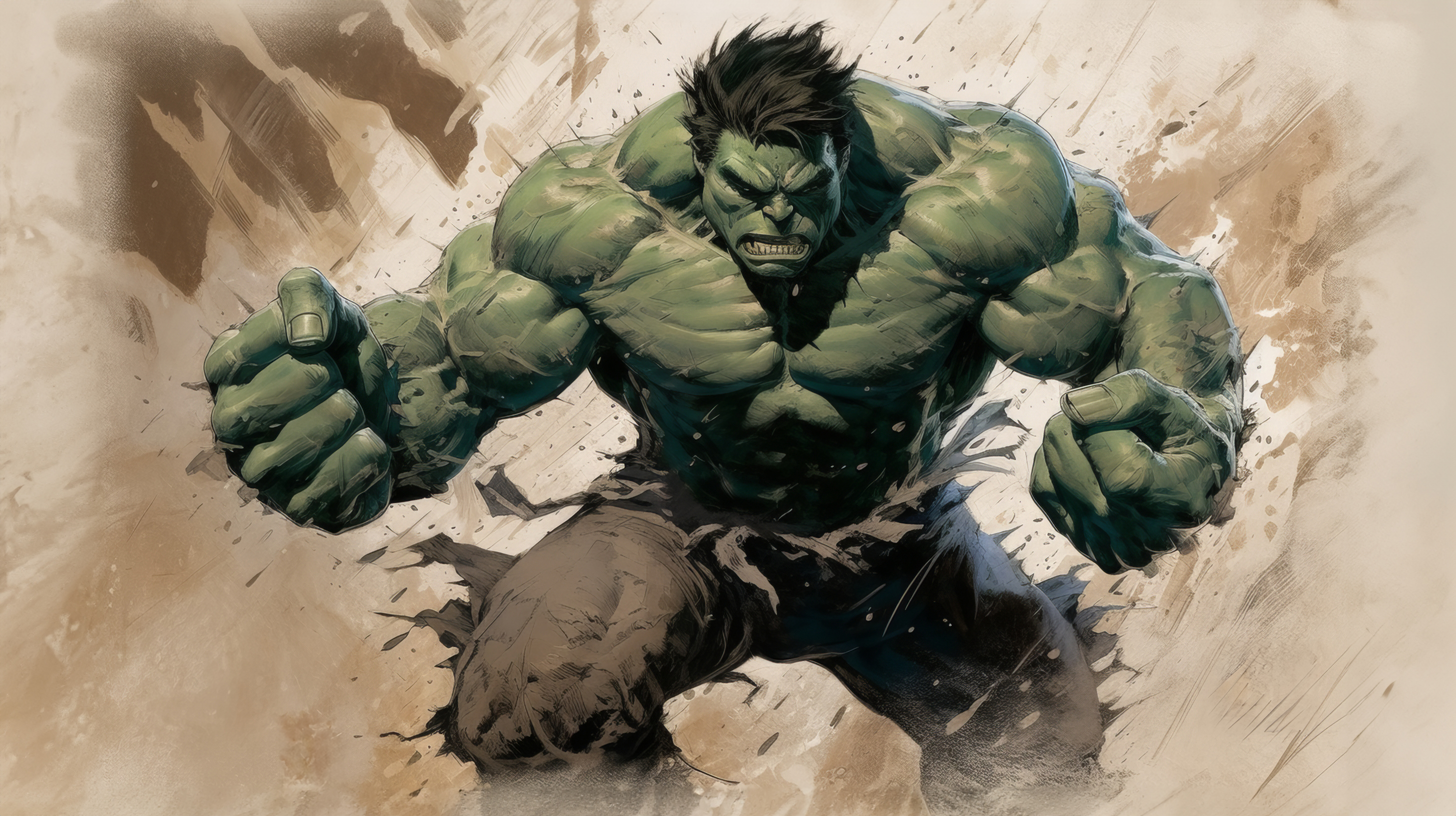 General 2912x1632 AI art illustration Hulk superhero muscles Marvel Comics looking at viewer simple background