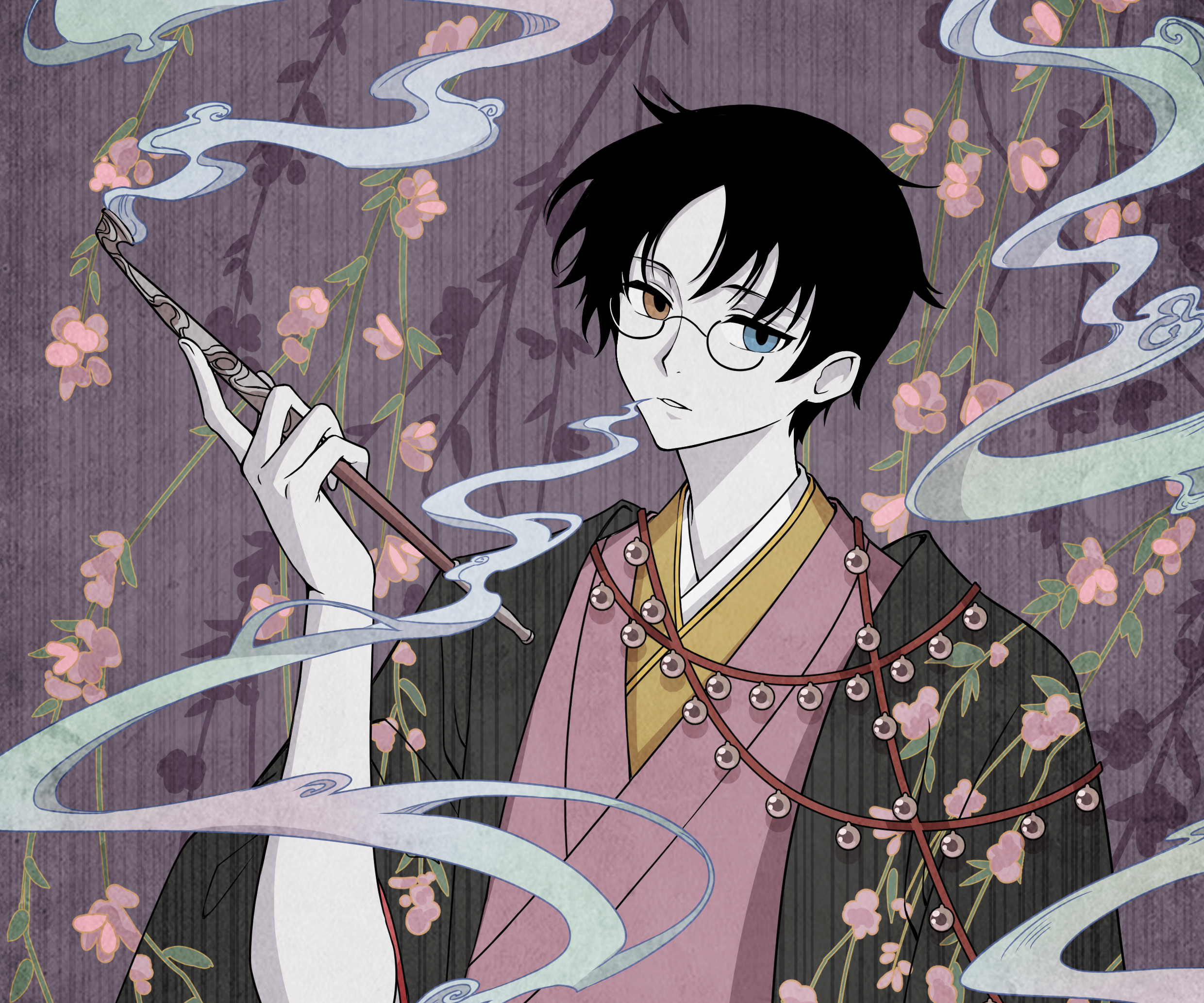 Anime 2480x2067 xxxHOLiC Watanuki Kimihiro anime boys heterochromia glasses smoking short hair looking at viewer kimono flowers