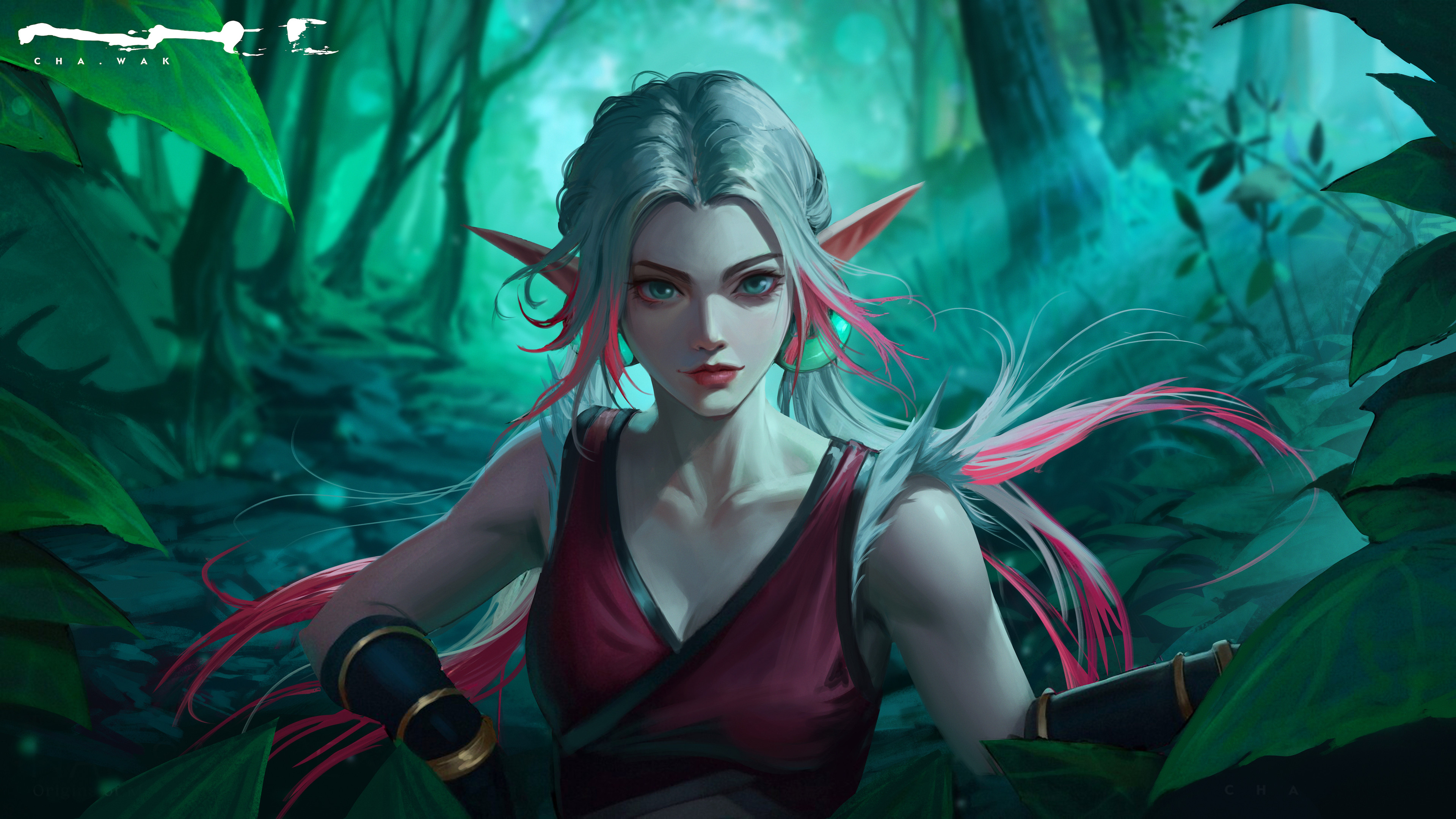 General 3840x2160 digital art artwork illustration women fantasy art fantasy girl pointy ears long hair forest 4K nature plants elves leaves trees looking at viewer two tone hair foliage CHA WAK