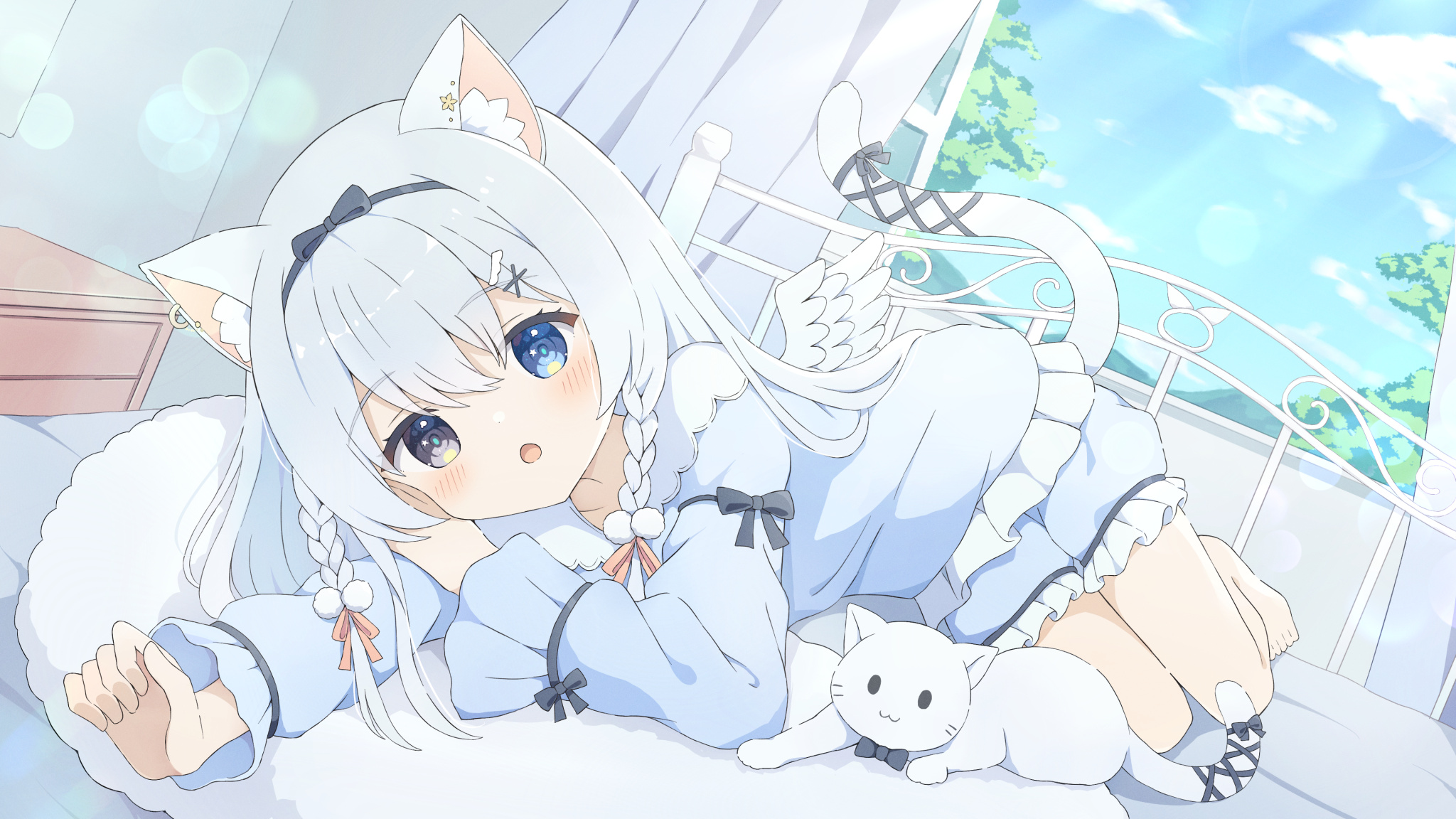 Anime 2048x1152 cat girl original characters anime girls heterochromia cat ears cat tail lying on front braids wings cats bow tie sunlight curtains sky clouds bed blushing looking at viewer earring loli