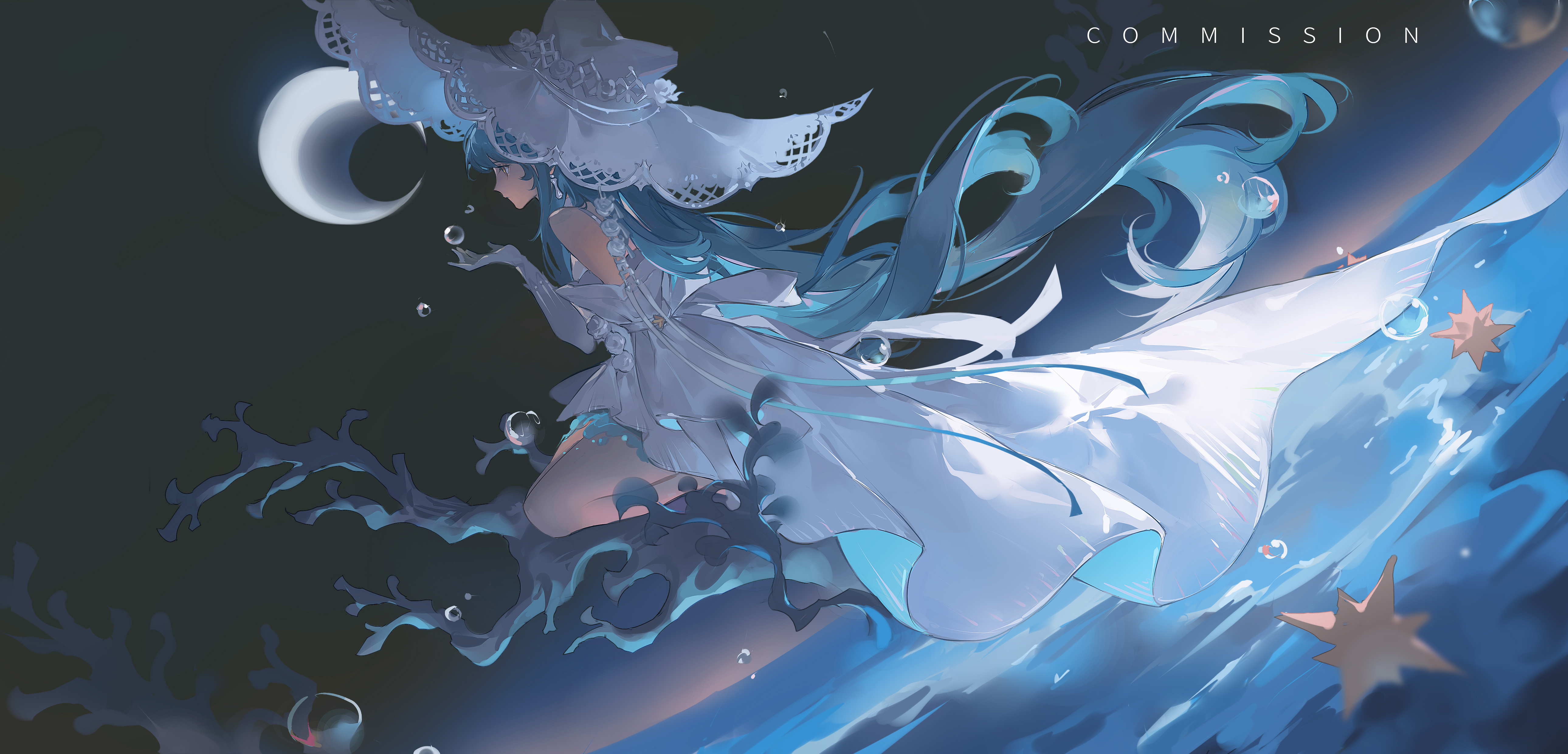 Anime 5159x2480 anime anime girls long hair hat dress crescent moon water bubbles looking away Moon blue hair blue eyes