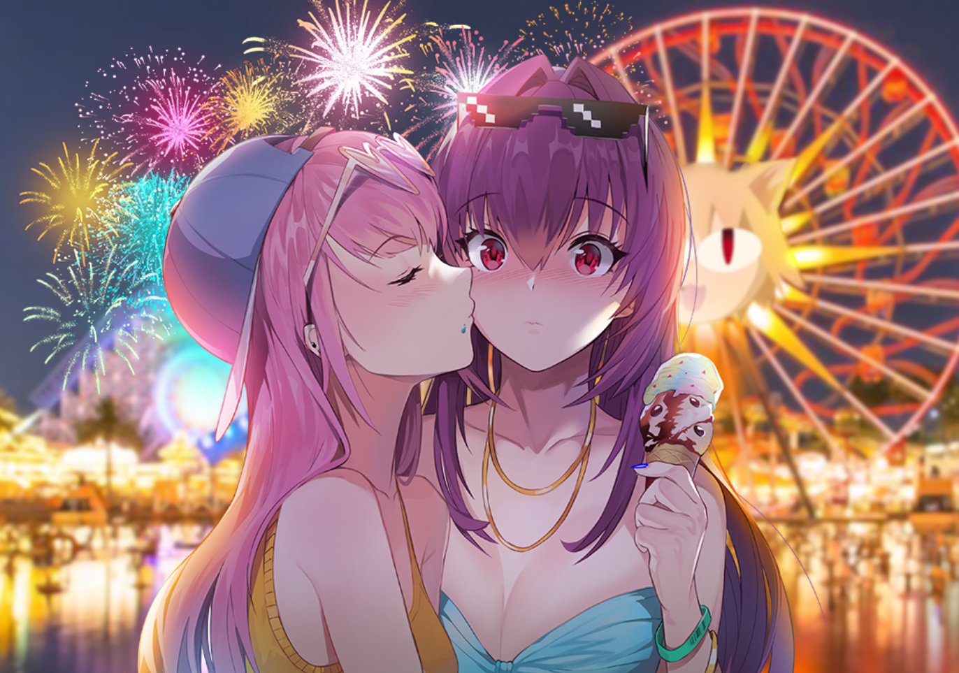 Anime 1372x963 anime anime girls ferris wheel yuri kissing blushing long hair hat fireworks ice cream bracelets sunglasses looking at viewer reflection lights cleavage