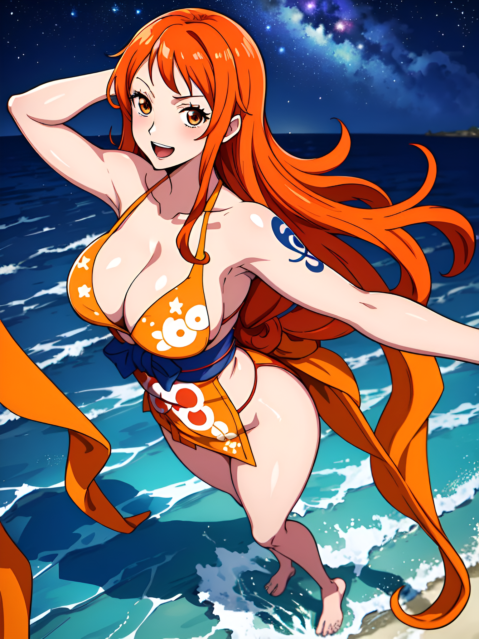 Anime 1536x2048 AI art One Piece Nami portrait display cleavage big boobs anime girls water waves long hair stars sky looking at viewer blushing thighs redhead