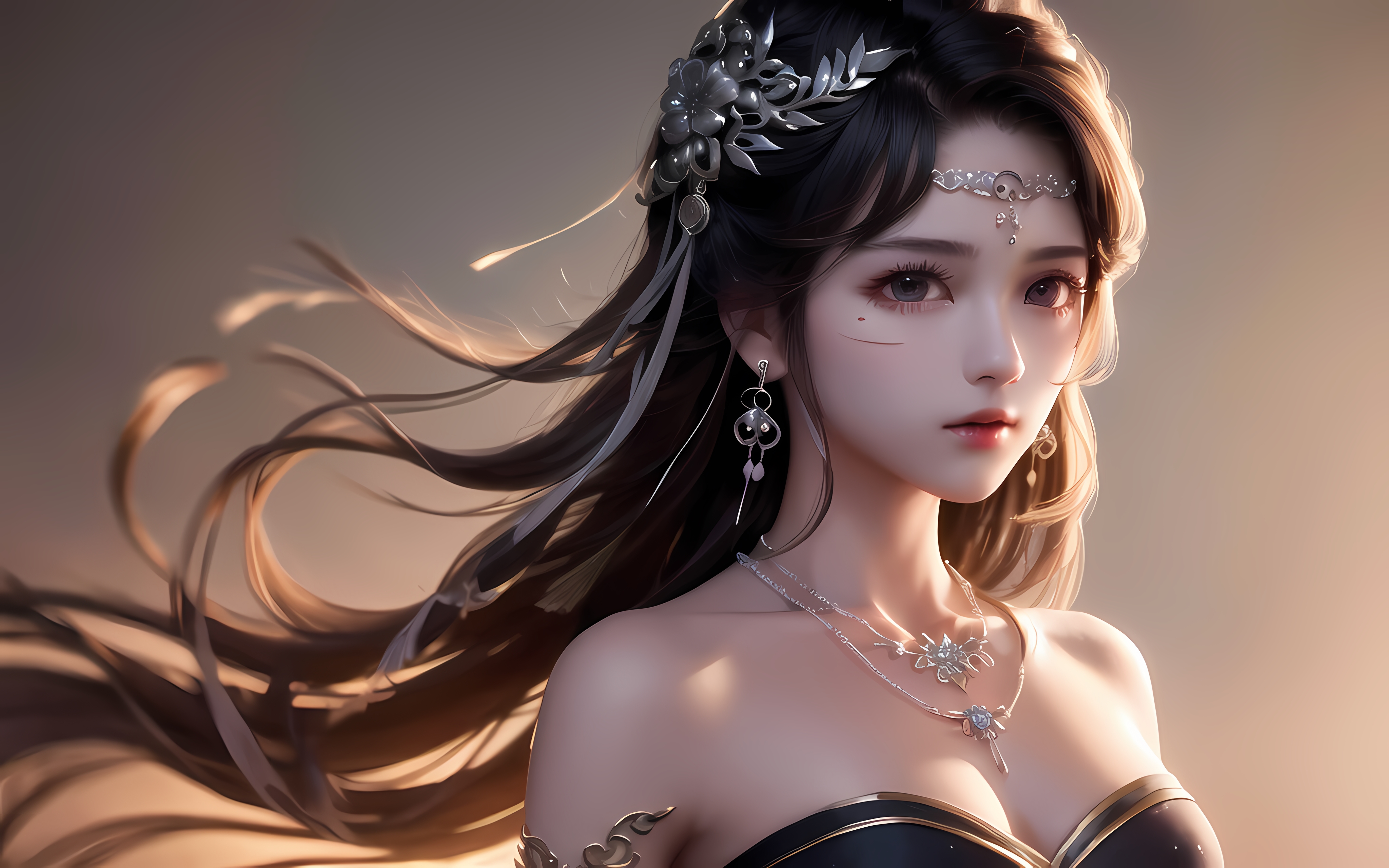 General 4096x2560 Ai Dongdong AI art Asian women necklace earring jewelry long hair