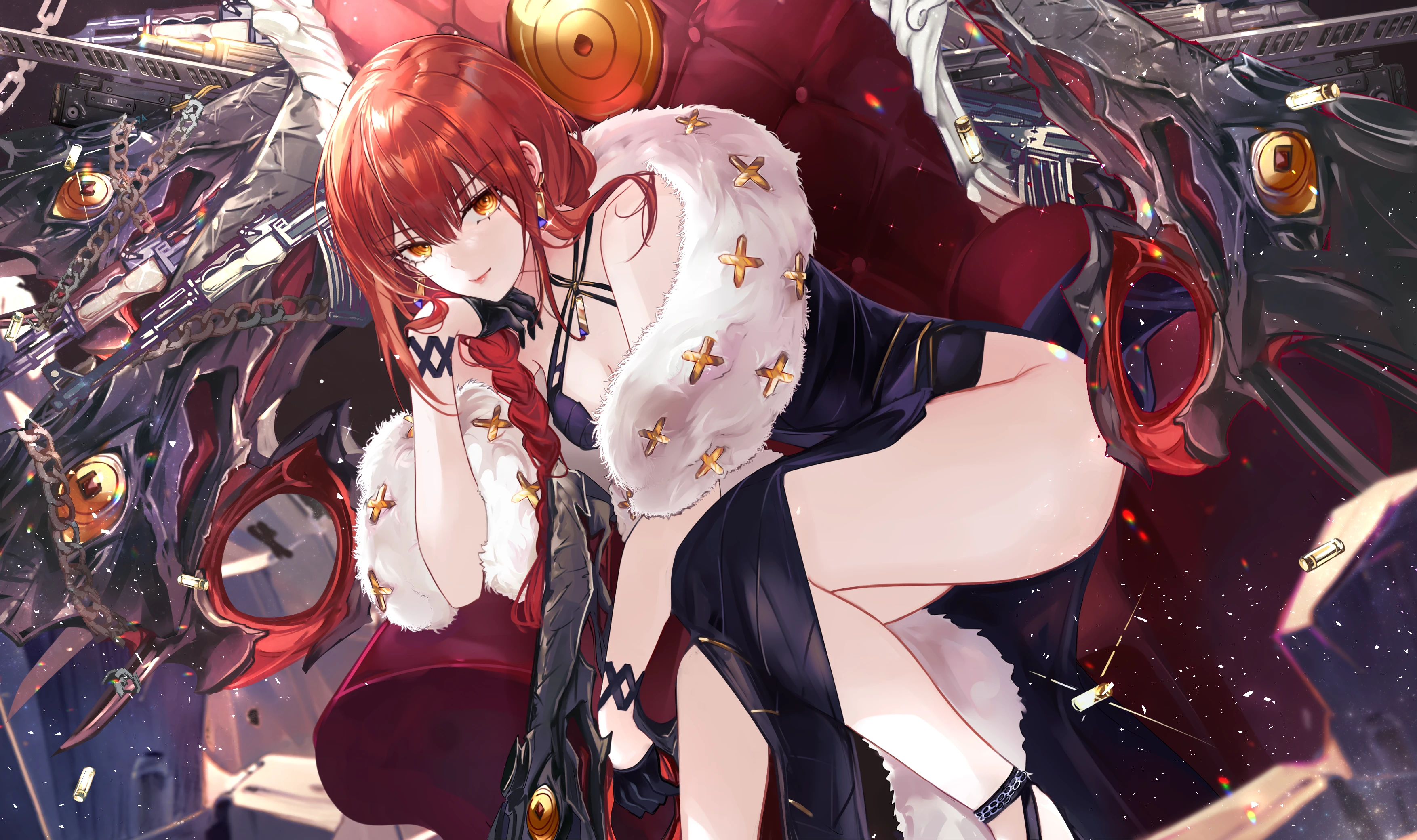 Anime 3507x2080 anime anime girls redhead gloves Makima (Chainsaw Man) Chainsaw Man dress looking at viewer yellow eyes thighs smiling gun chains