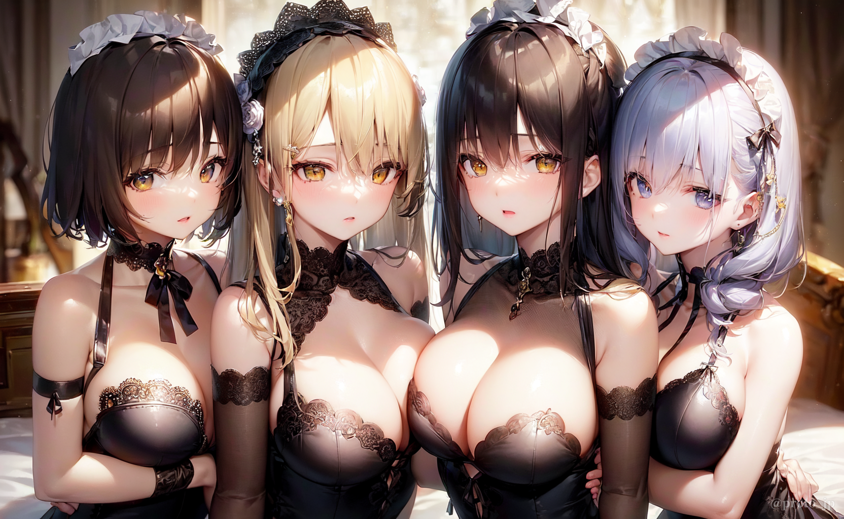 Anime 1664x1024 AI art PROTO@AiArt Pixiv harem group of women cleavage anime girls big boobs elbow gloves bow tie looking at viewer maid maid outfit earring jewelry lingerie line-up women quartet boobs on boobs blushing boobs lined up indoors