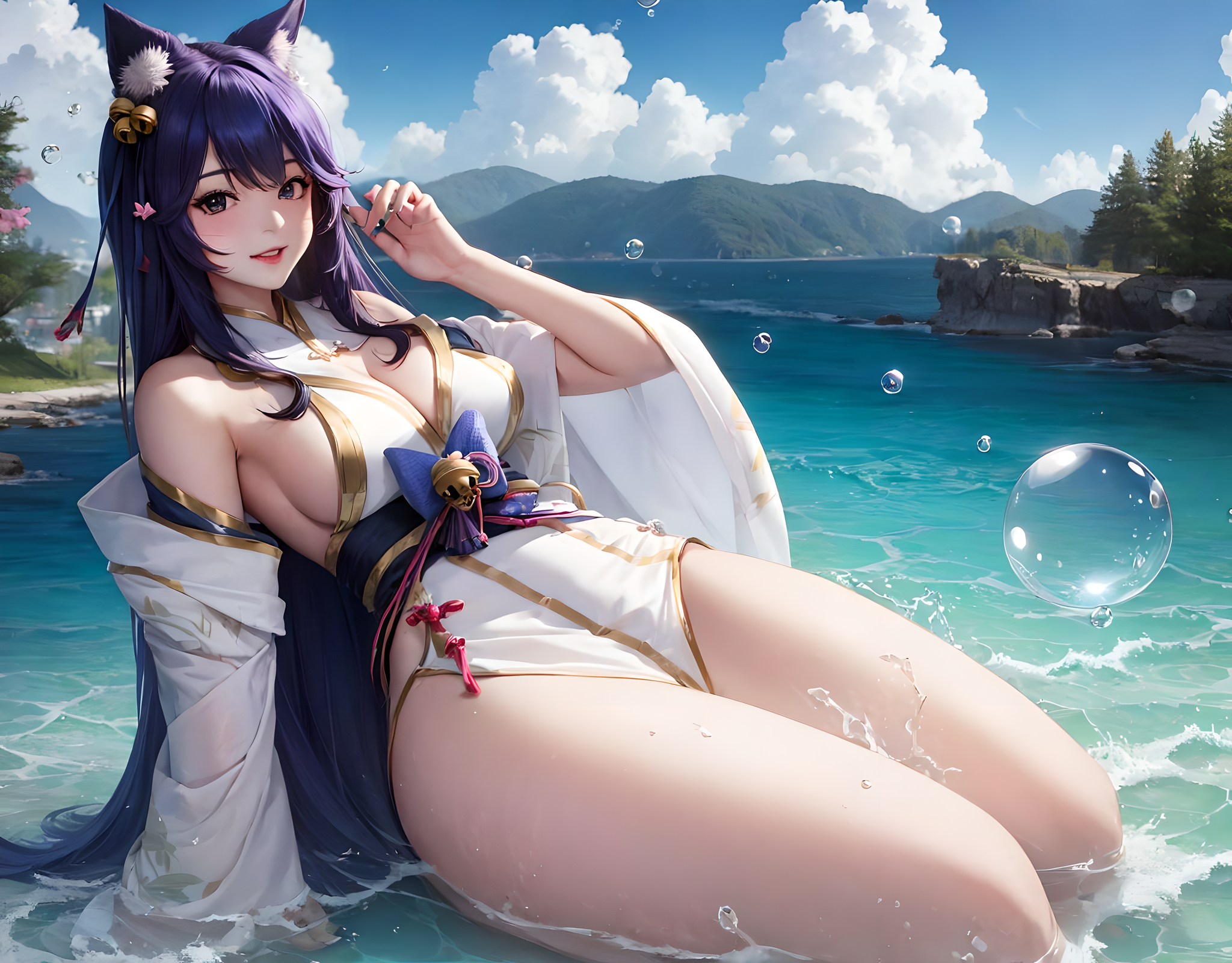 Anime 2048x1600 Ahri (League of Legends) Spirit Blossom (League of Legends) League of Legends AI art boobs FluffyMammoth video games looking at viewer video game girls video game characters bubbles water clouds thighs fox girl fox ears mountains