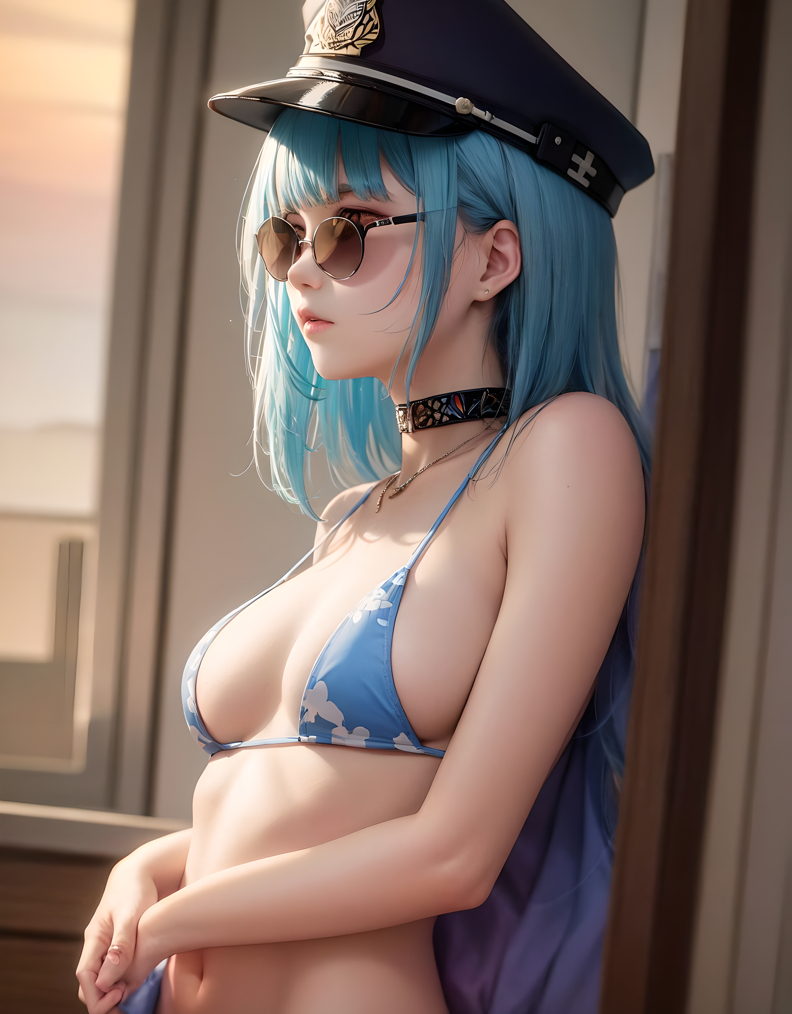 Anime 1600x2048 police hat blue hair FluffyMammoth portrait display hat sunglasses bikini top small boobs women choker Asian short hair necklace AI art