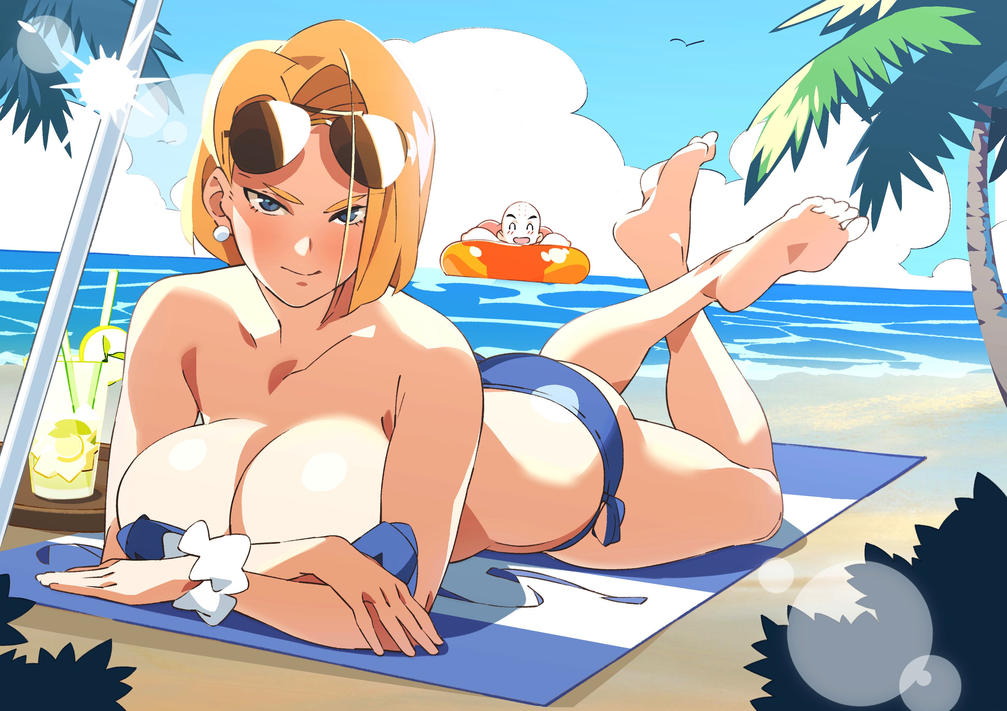Anime 3478x2456 Android 18 Dragon Ball Dragon Ball Z Dragon Ball Super anime girls lying on front cleavage big boobs bikini beach Krillin water floater sand drink palm trees looking at viewer sunglasses feet foot sole feet in the air anime boys feet crossed