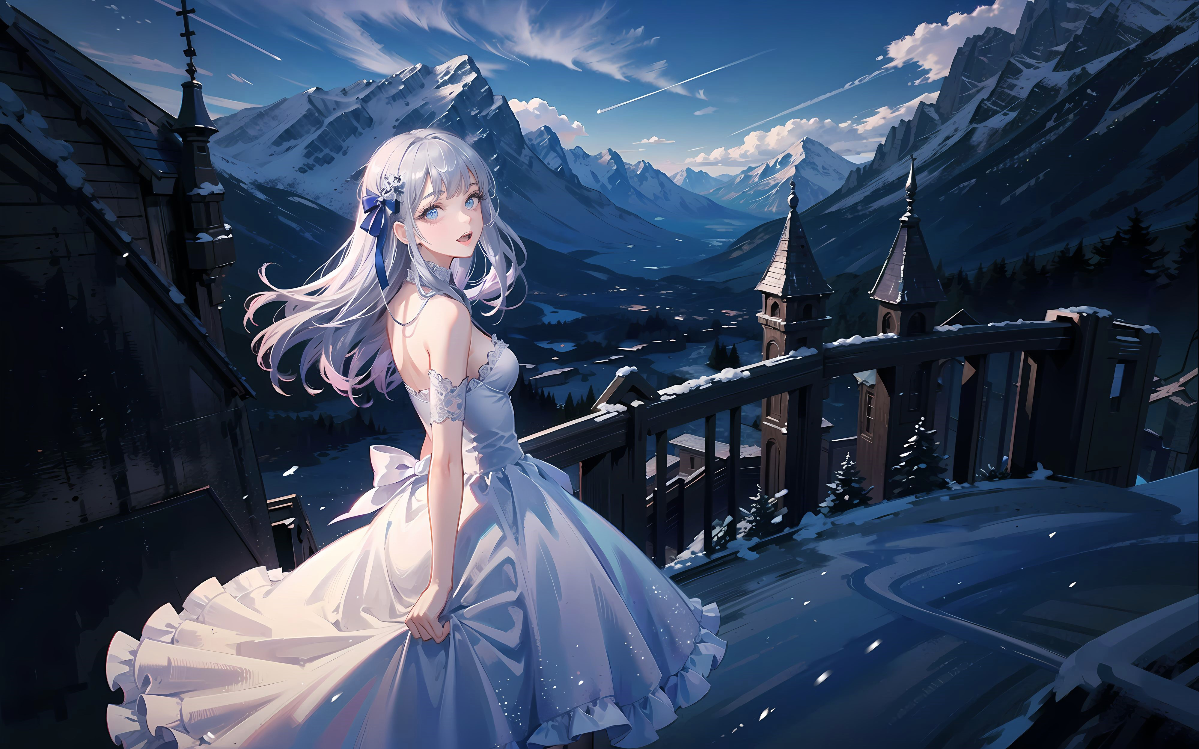 Anime 4000x2500 AI art looking at viewer silver hair anime girls dress bareback mountains snow clouds sky bow tie