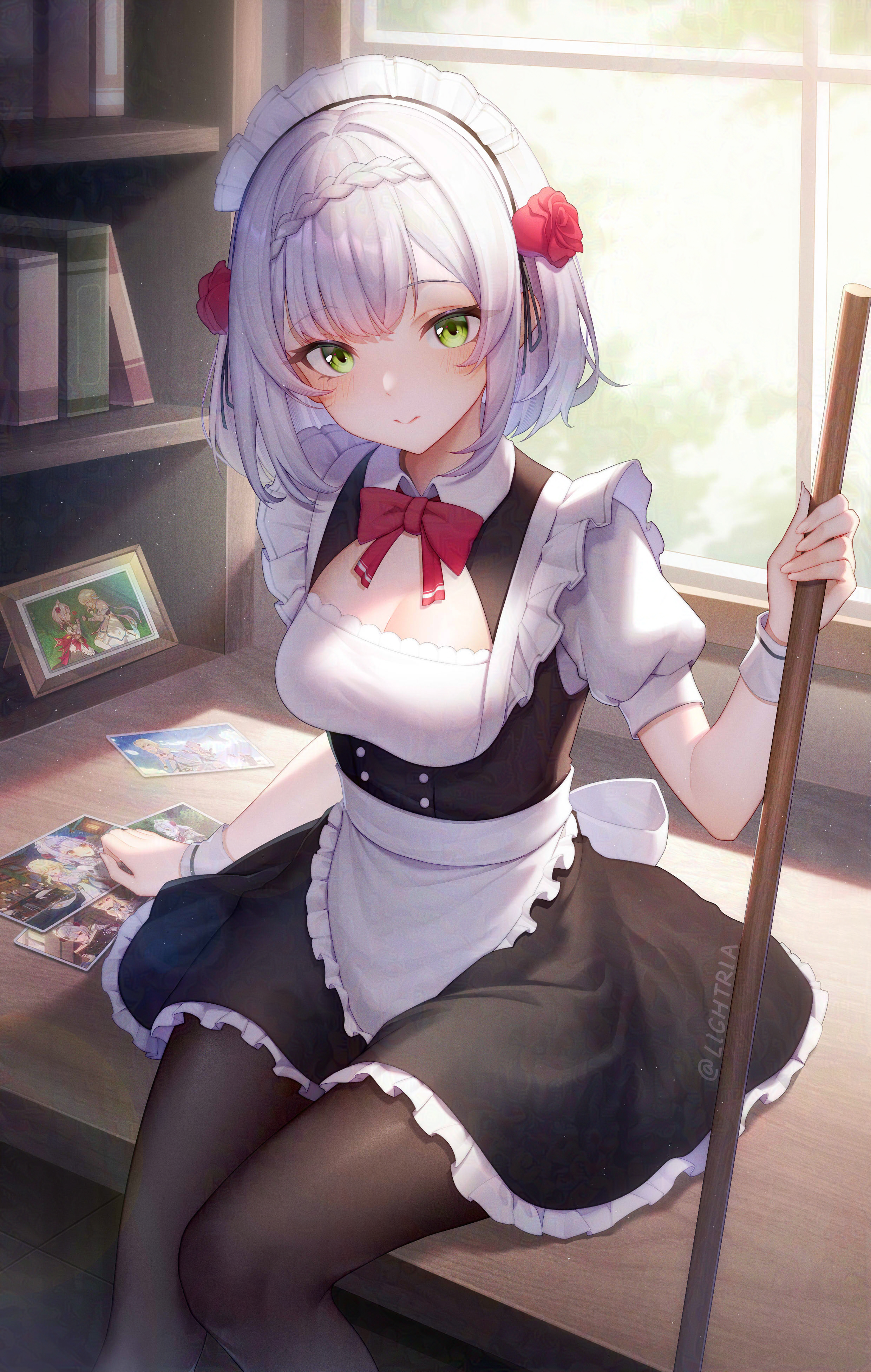 Anime 2480x3906 anime girls video games Lightria Genshin Impact Noelle (Genshin Impact) maid broom green eyes short hair portrait display maid outfit looking at viewer smiling