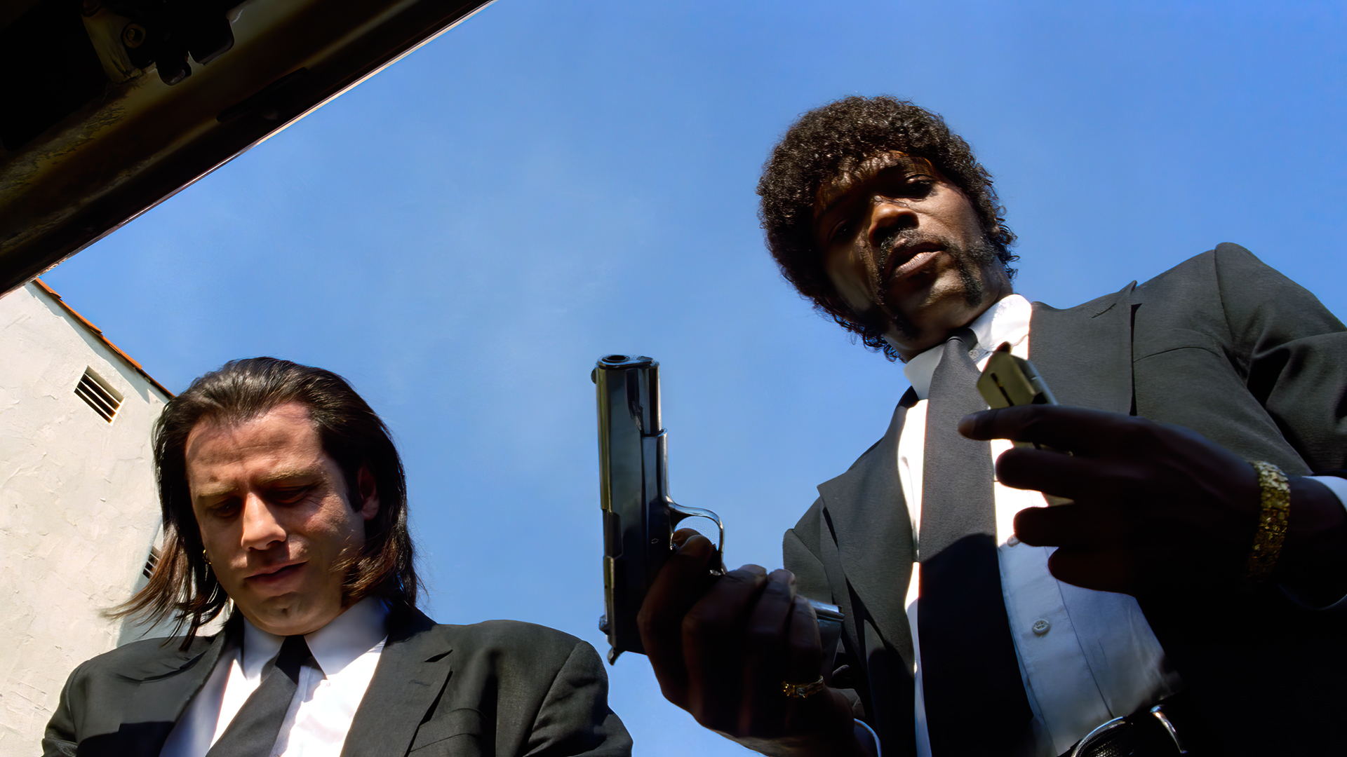 People 1920x1080 Pulp Fiction pistol John Travolta Samuel L. Jackson men movies film stills Vincent Vega Jules Winnfield Quentin Tarantino actor suit and tie