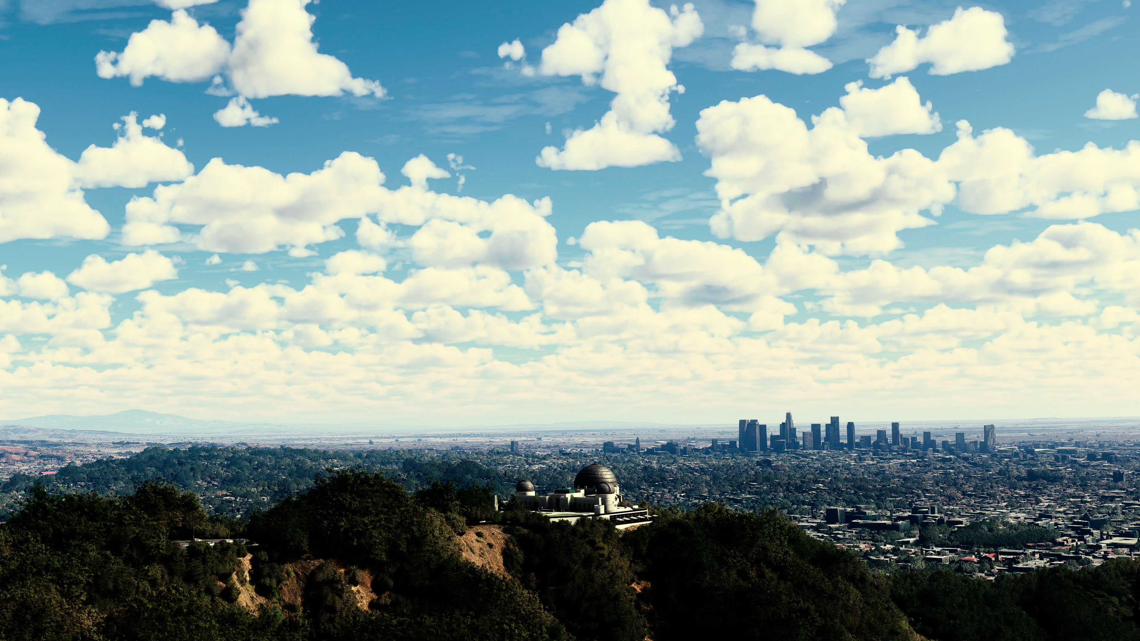 General 3840x2160 Griffith Observatory flight simulator city sunset Los Angeles sky clouds cityscape video games